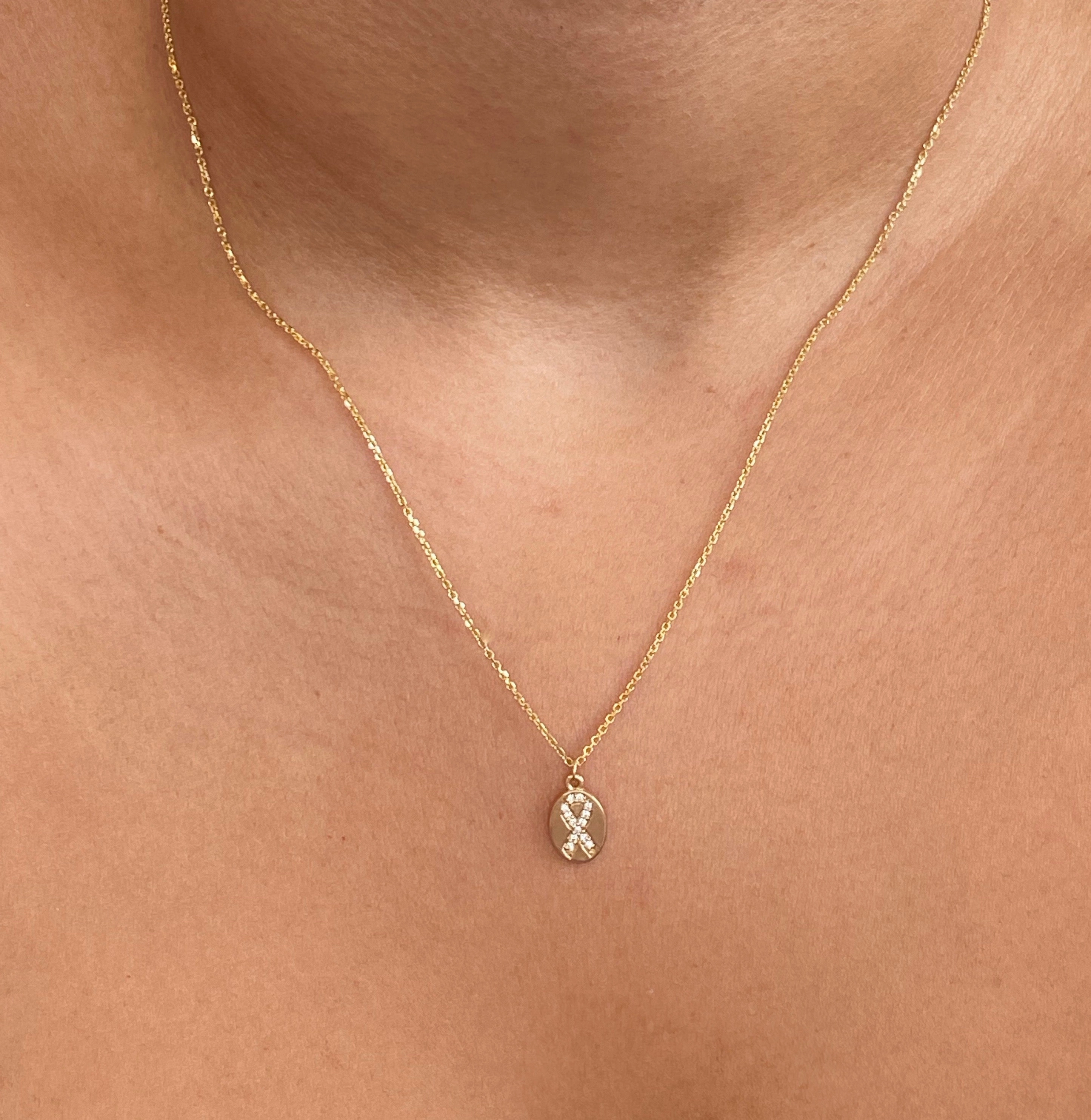 14k Diamond/Sapphire Awareness Ribbon Necklace With Back Engraving