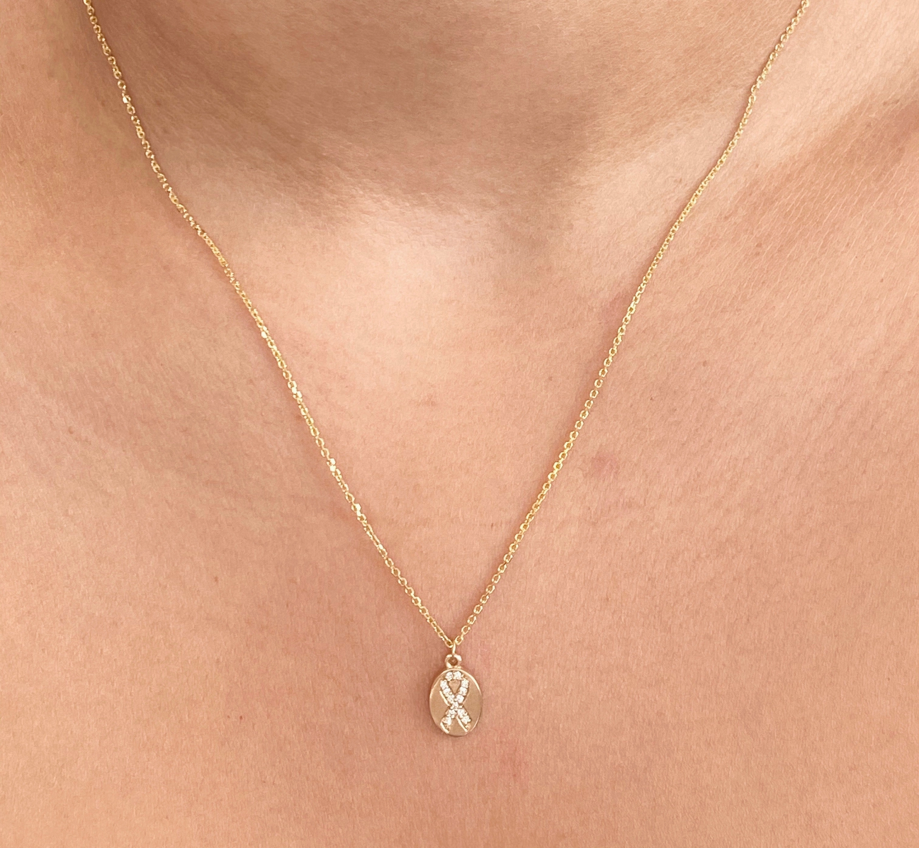 14k Diamond/Sapphire Awareness Ribbon Necklace With Back Engraving