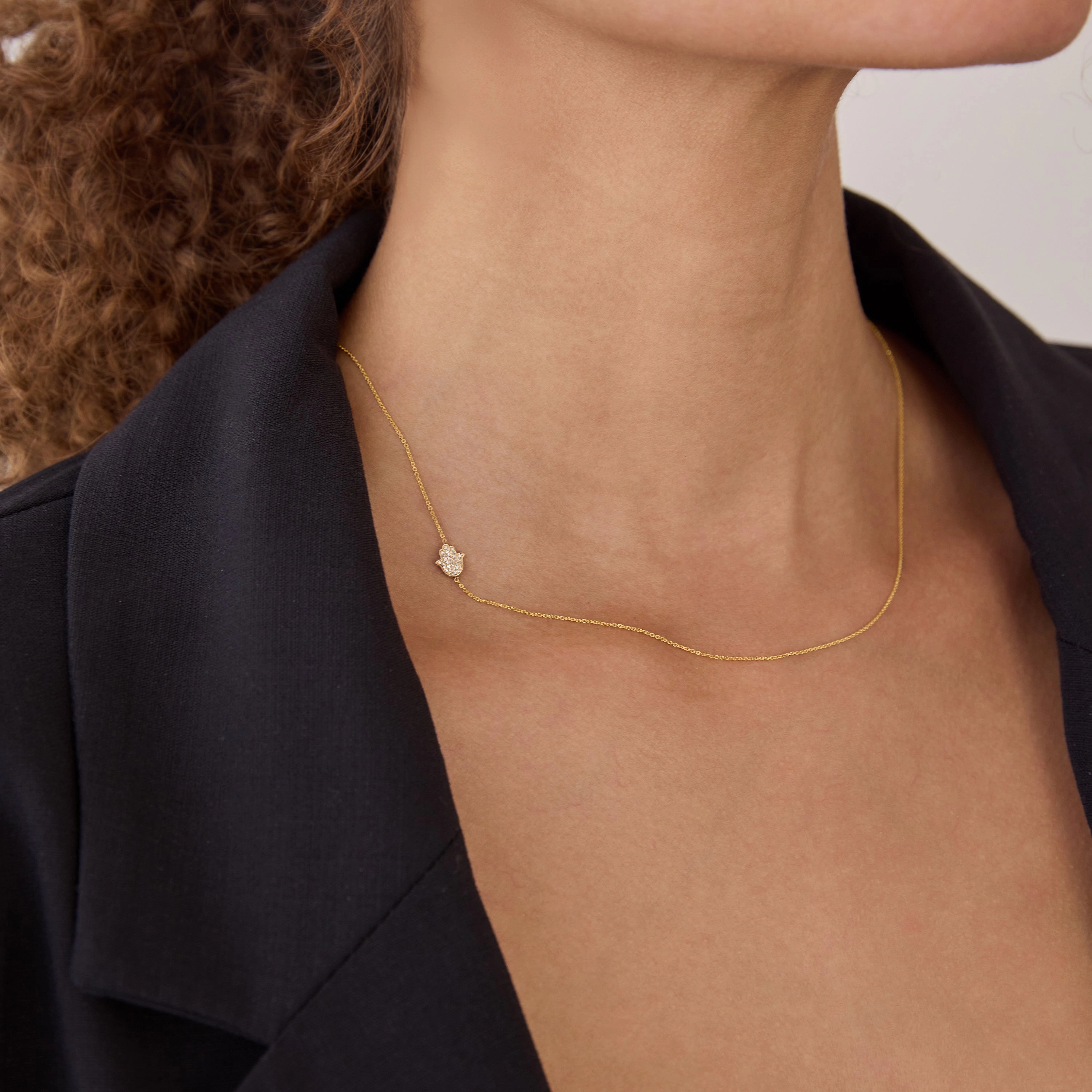 14k Gold Asymmetrical Charm Necklace - Hamsa