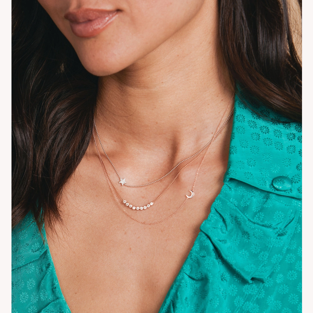 14k Gold Asymmetrical Charm Necklace - Moon