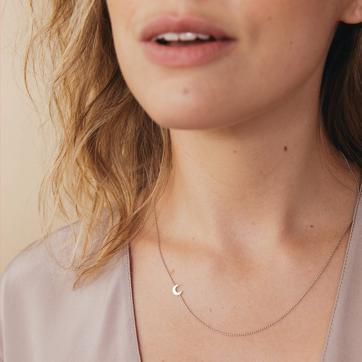 14k Gold Asymmetrical Charm Necklace - Moon