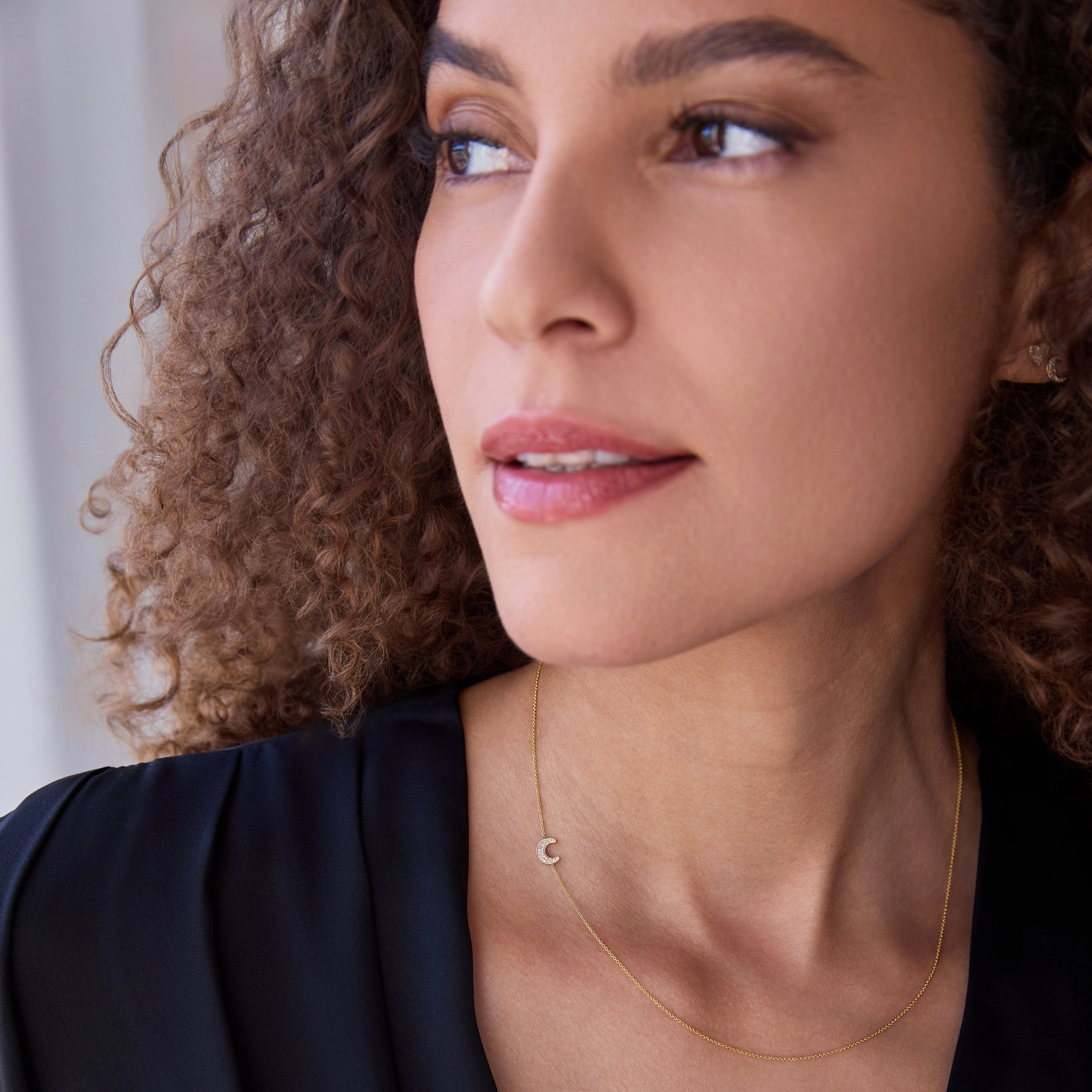 14k Gold Asymmetrical Charm Necklace - Moon