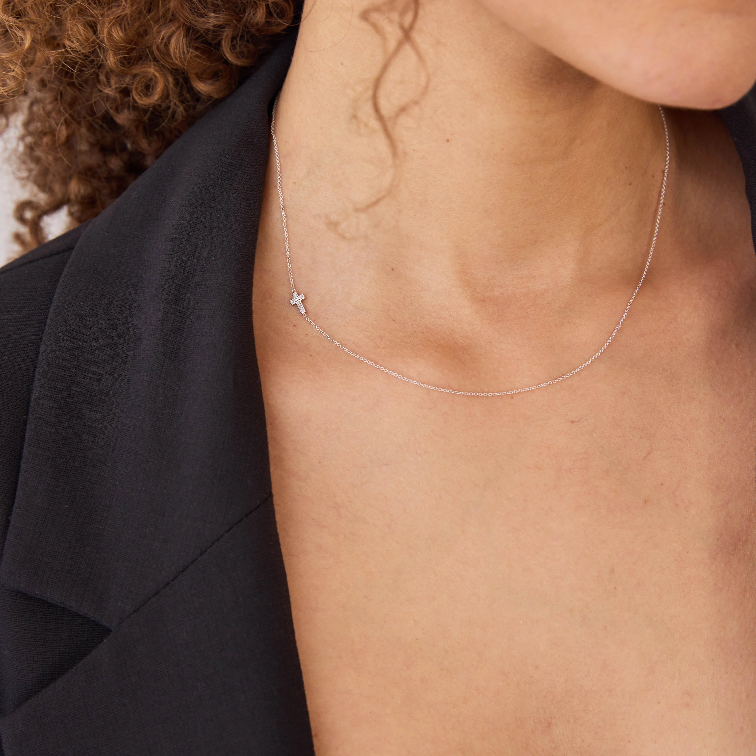 14k Gold Asymmetrical Charm Necklace - Pav Cross
