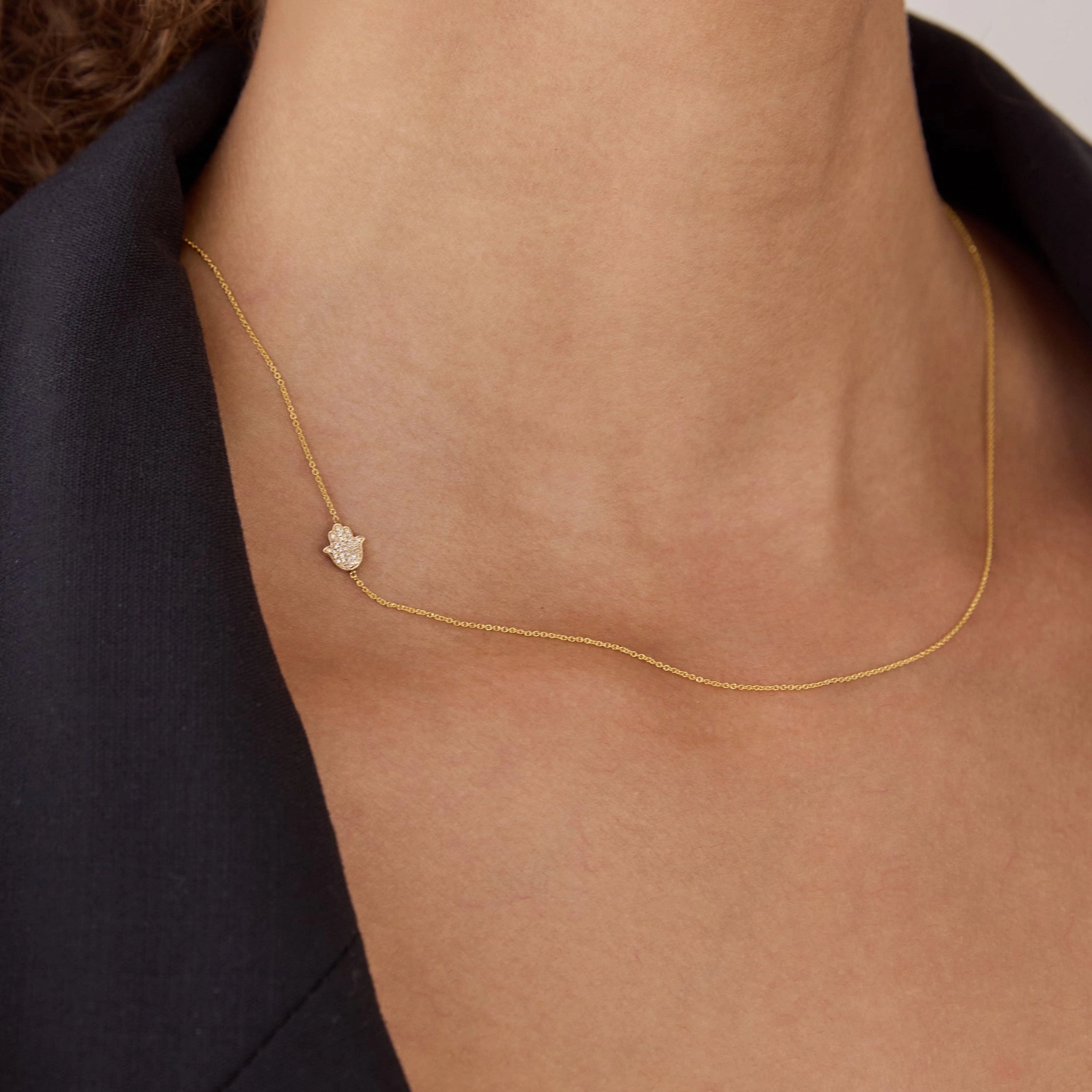 14k Gold Asymmetrical Charm Necklace - Pav Hamsa