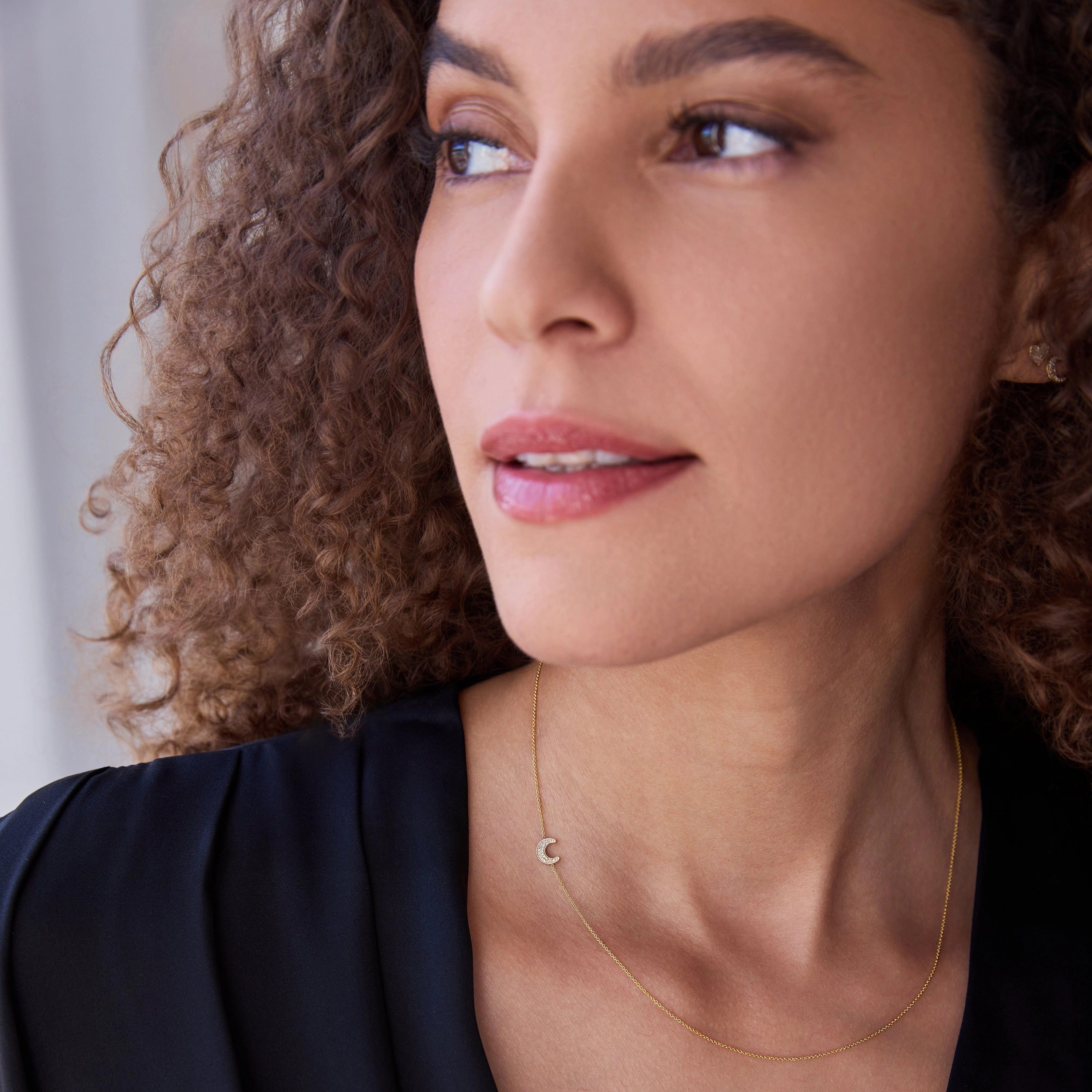 14k Gold Asymmetrical Charm Necklace - Pav Moon