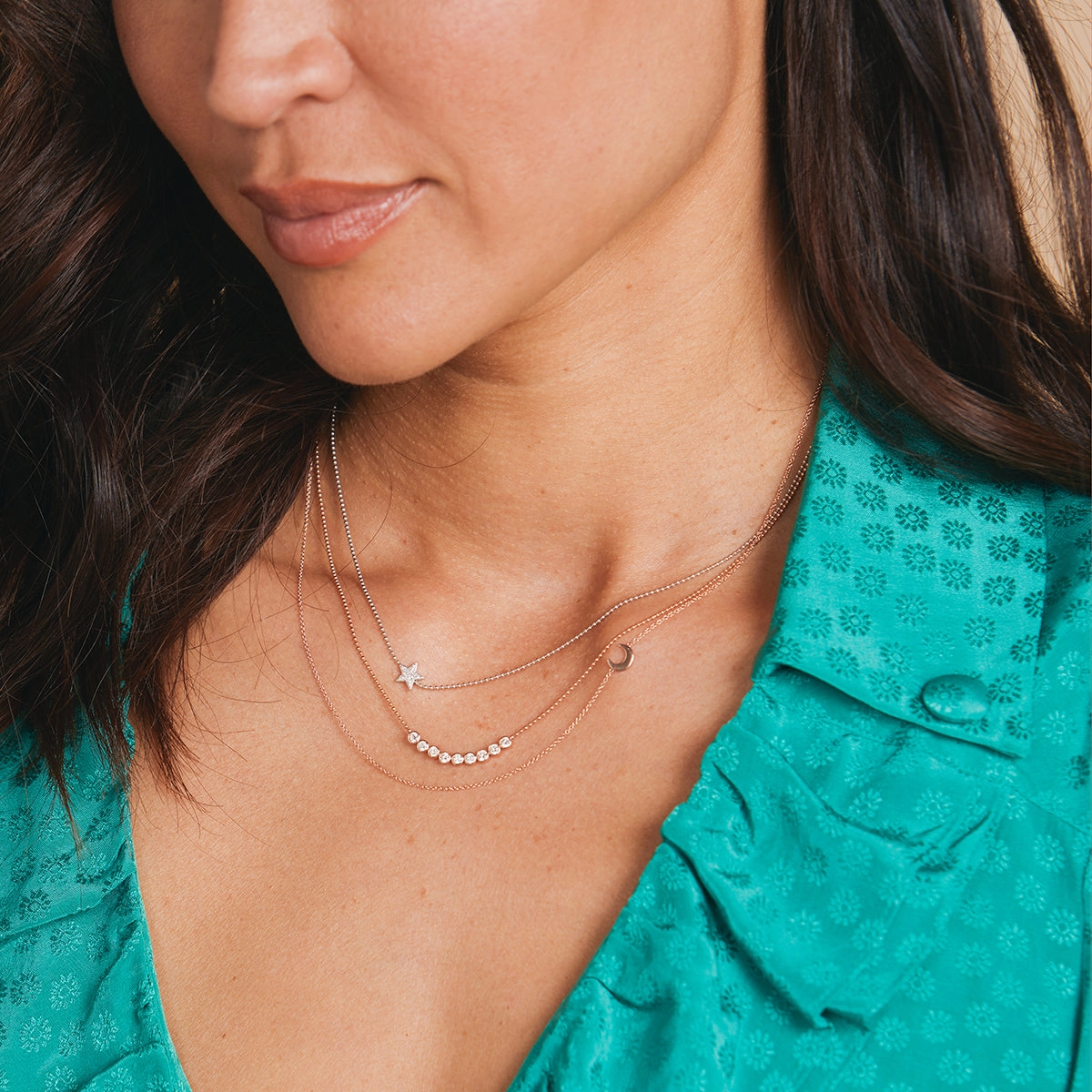 14k Gold Asymmetrical Charm Necklace - Pav Star