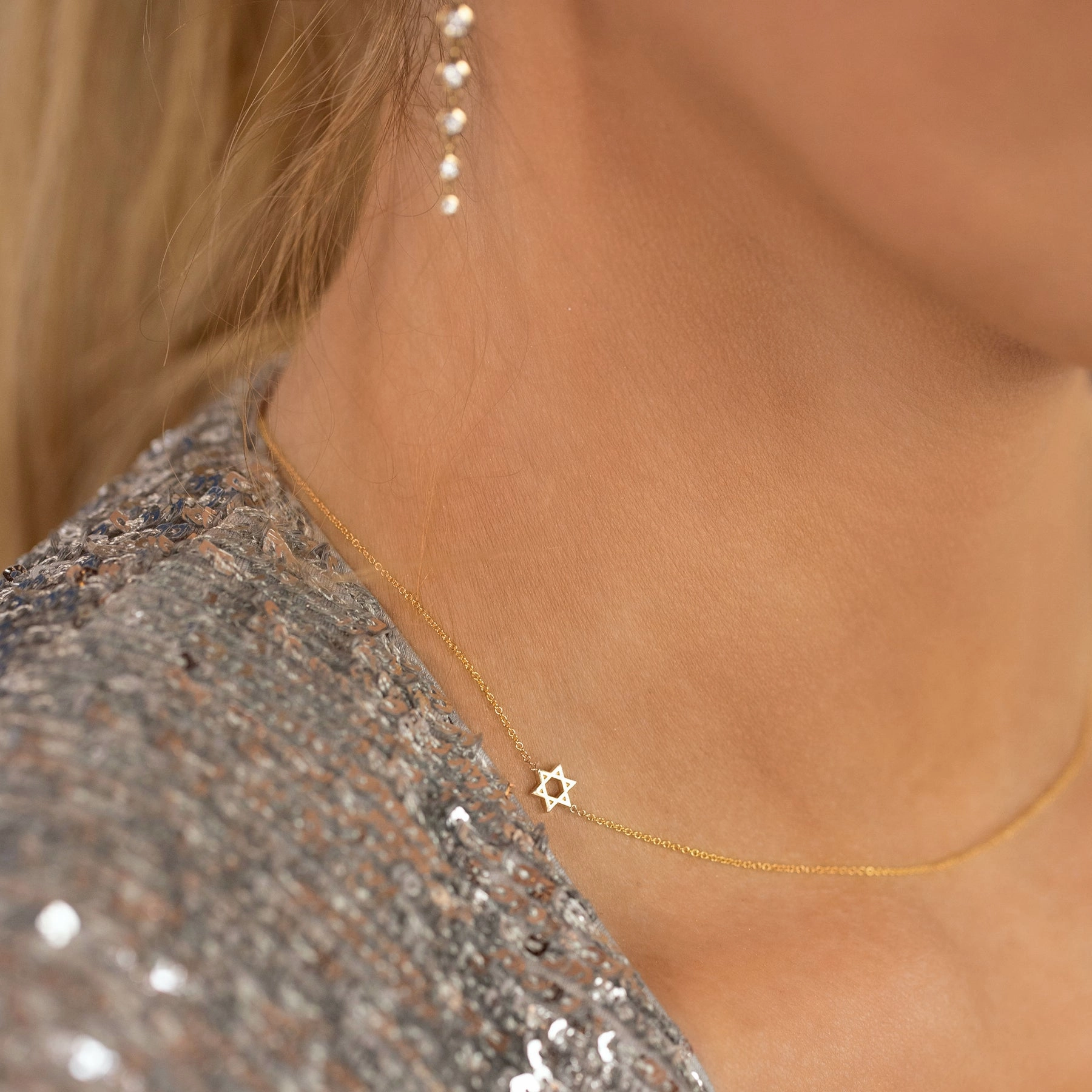 14k Gold Asymmetrical Charm Necklace - Star of David