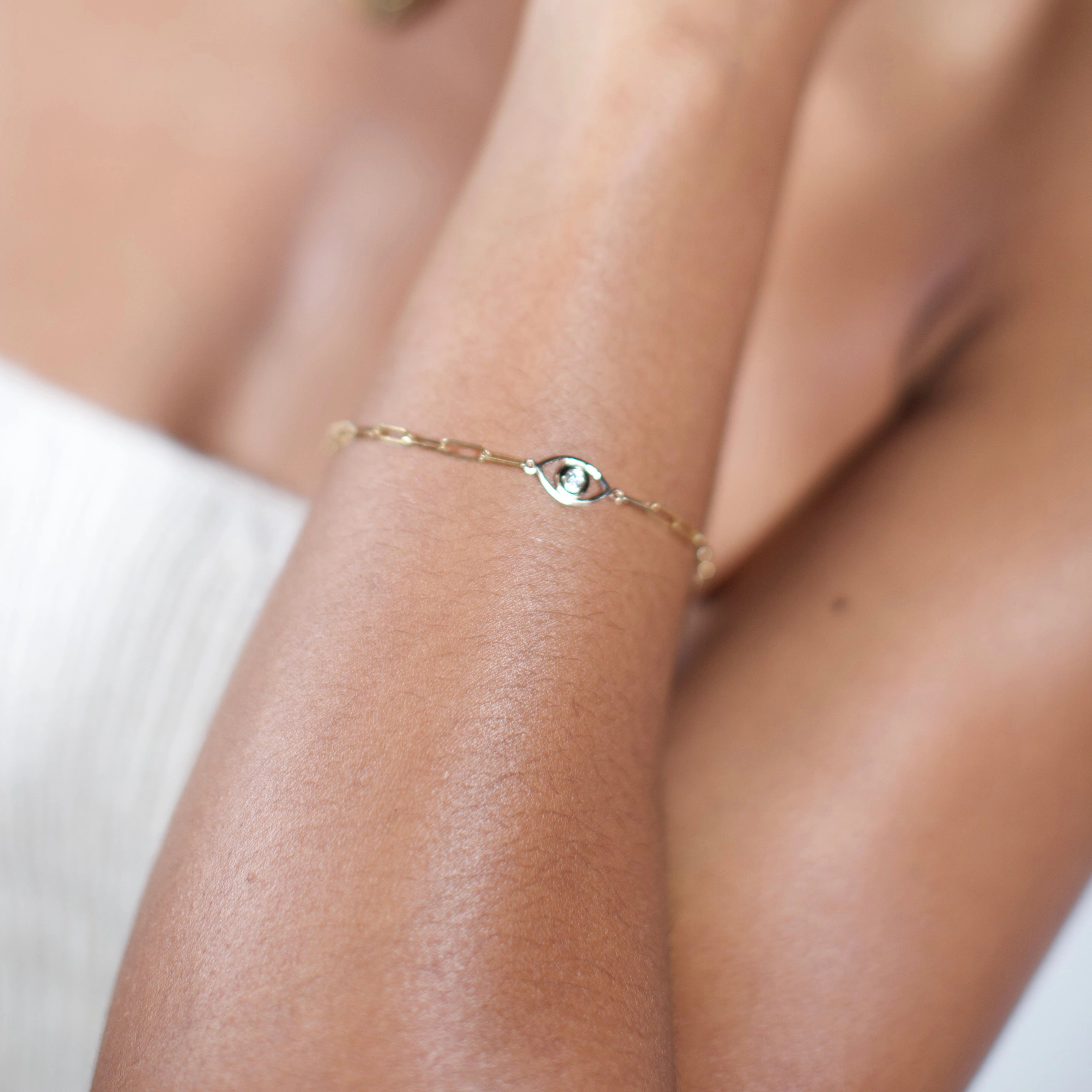 14k Gold Evil Eye Paper Clip Chain Diamond Bracelet