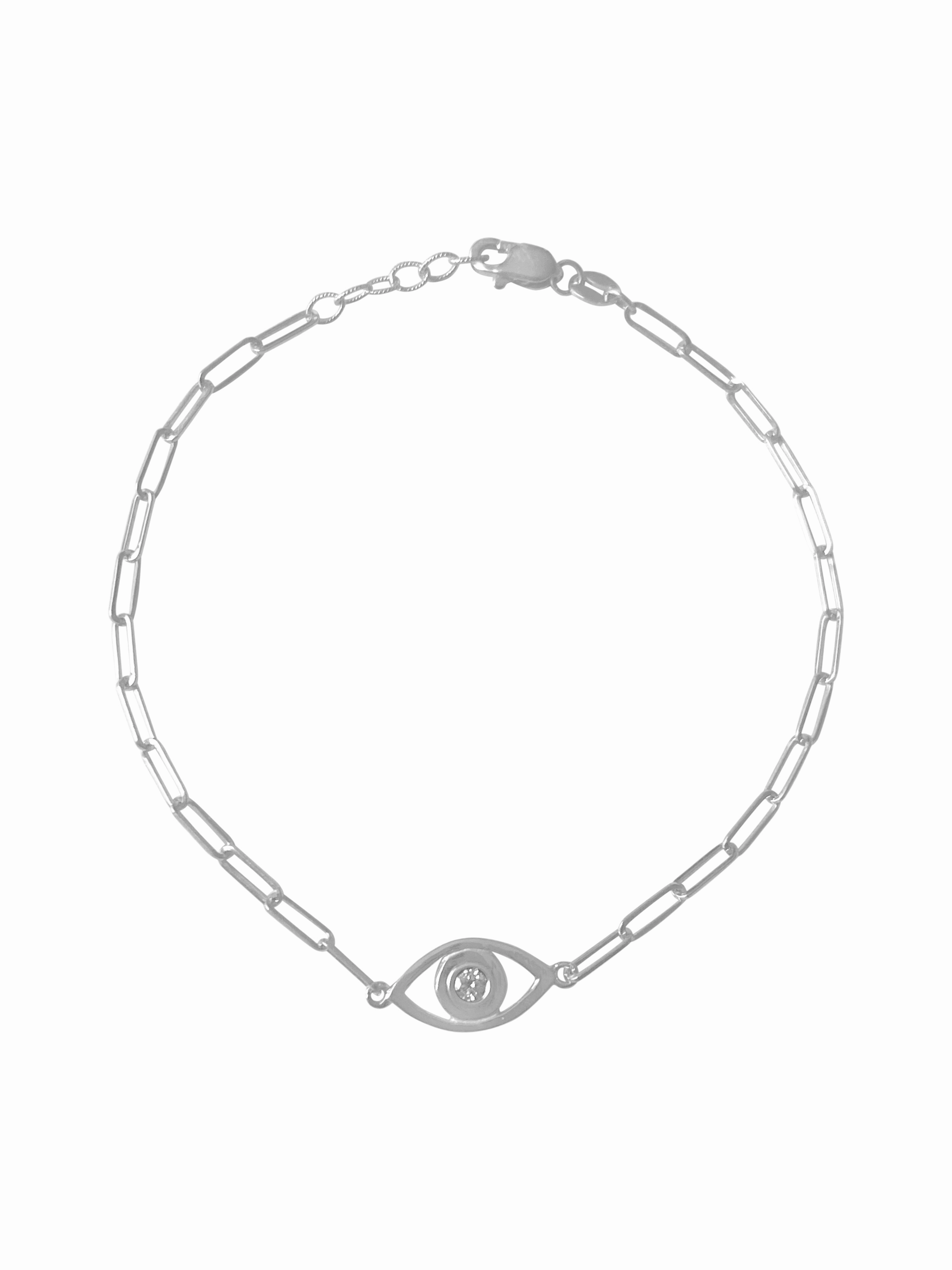 14k Gold Evil Eye Paper Clip Chain Diamond Bracelet