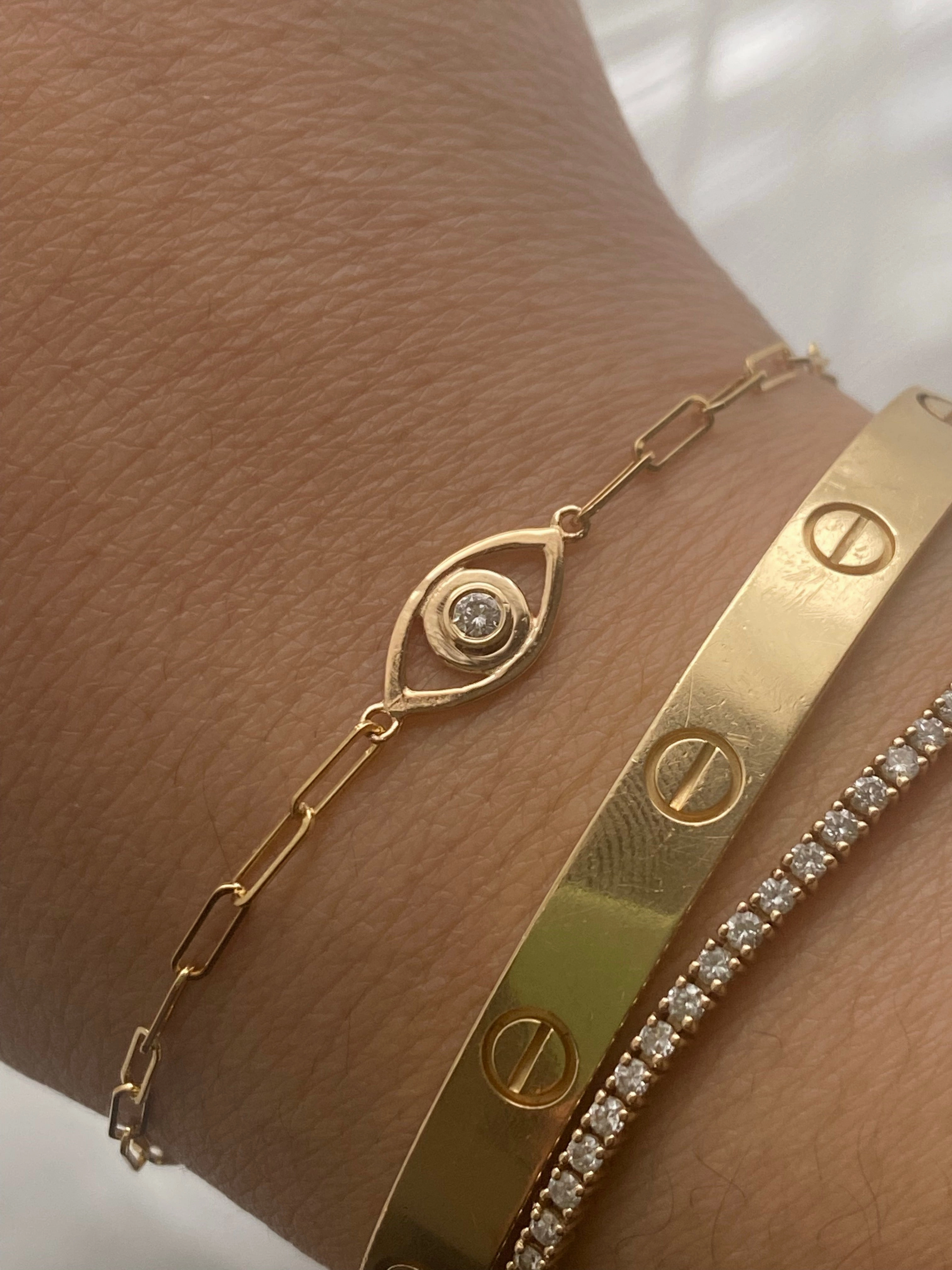 14k Gold Evil Eye Paper Clip Chain Diamond Bracelet