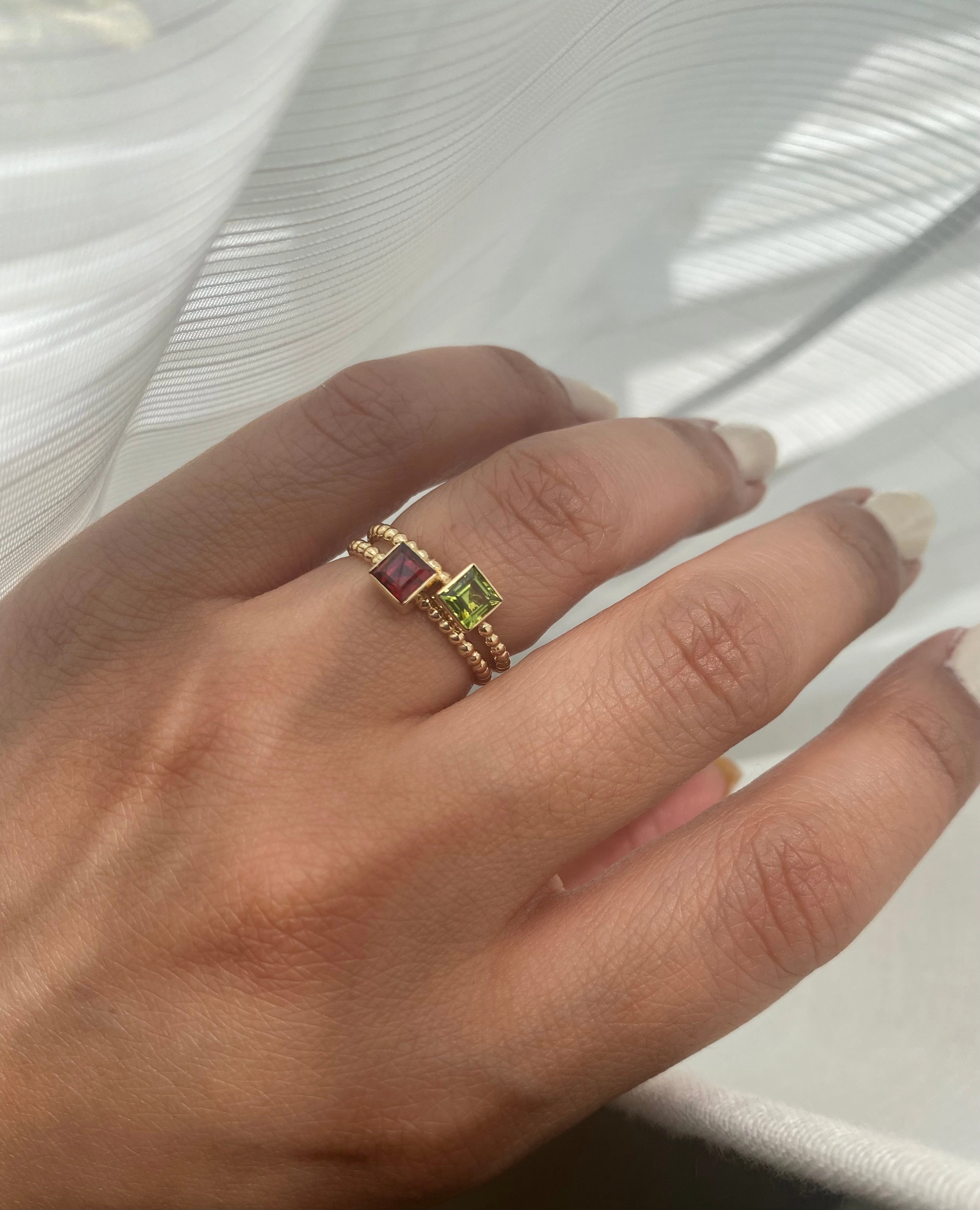 14k Gold Garnet/Peridot Square Bezel Ring