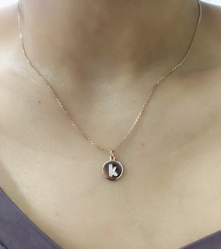 14K Gold Micro pave Diamond Initial Disc Necklace