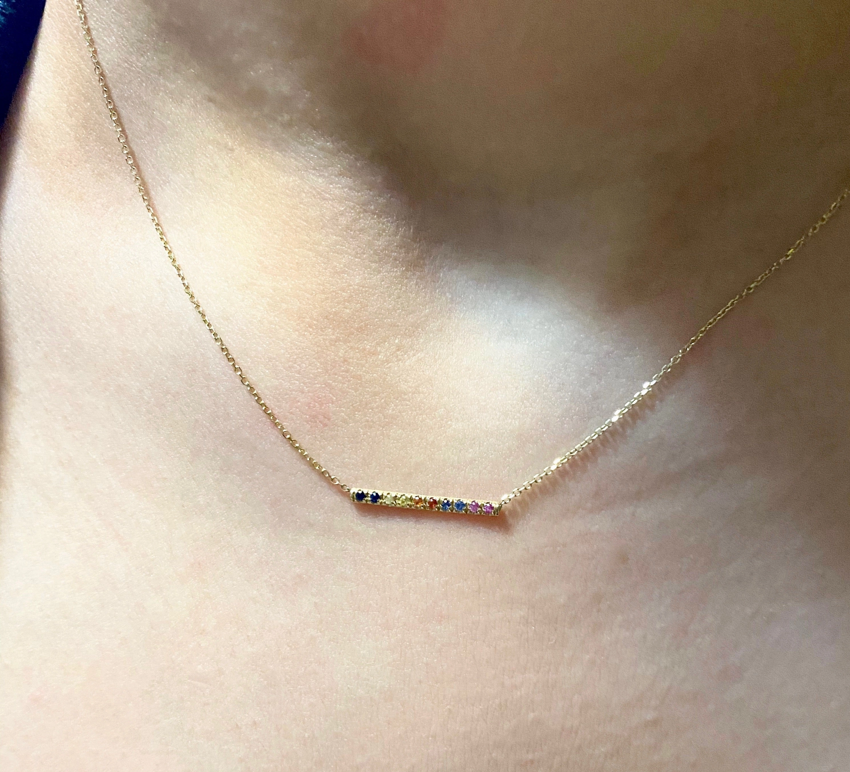 14K Gold Mini Micro pave Sapphire Bar Necklace