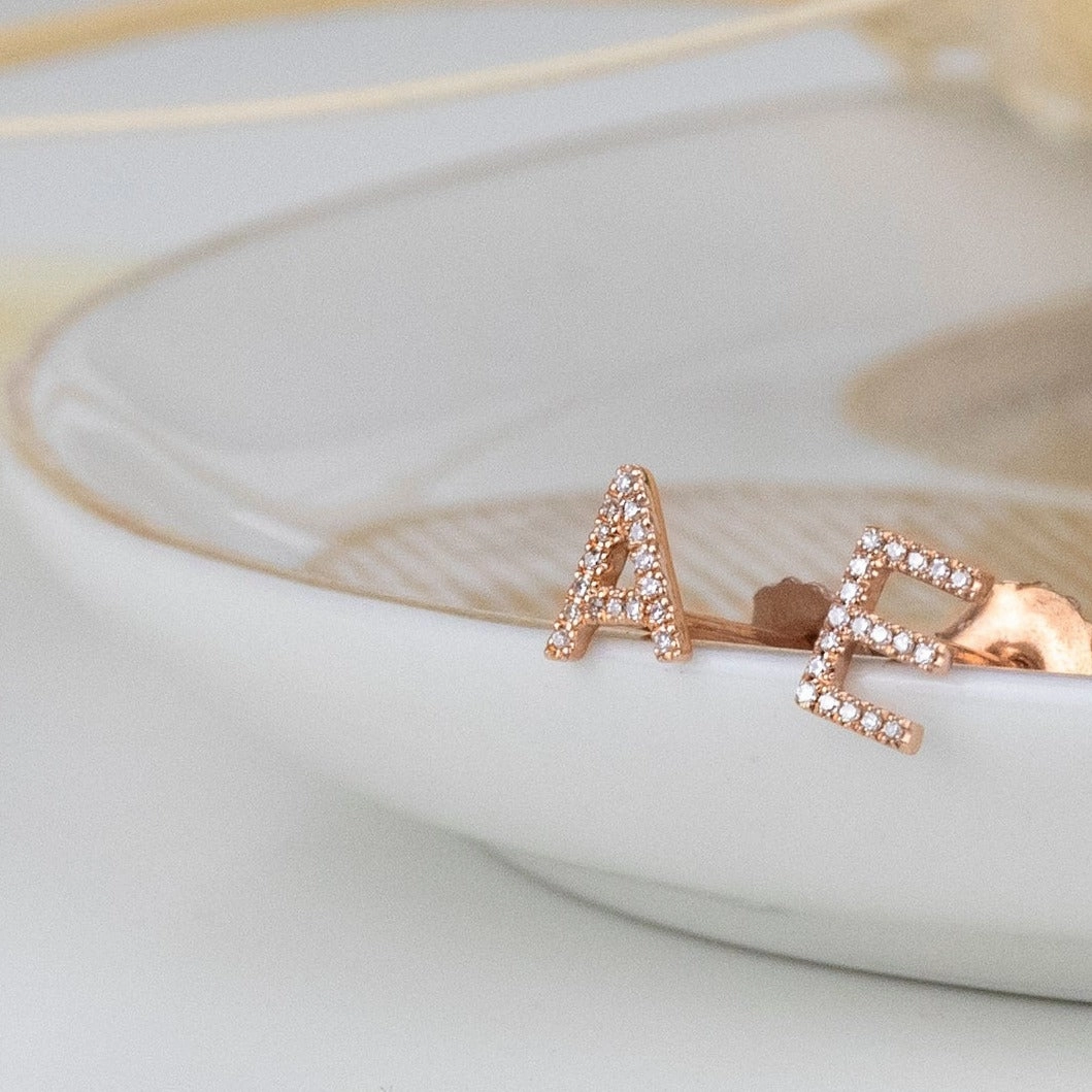 14K Gold Pav Letter Stud