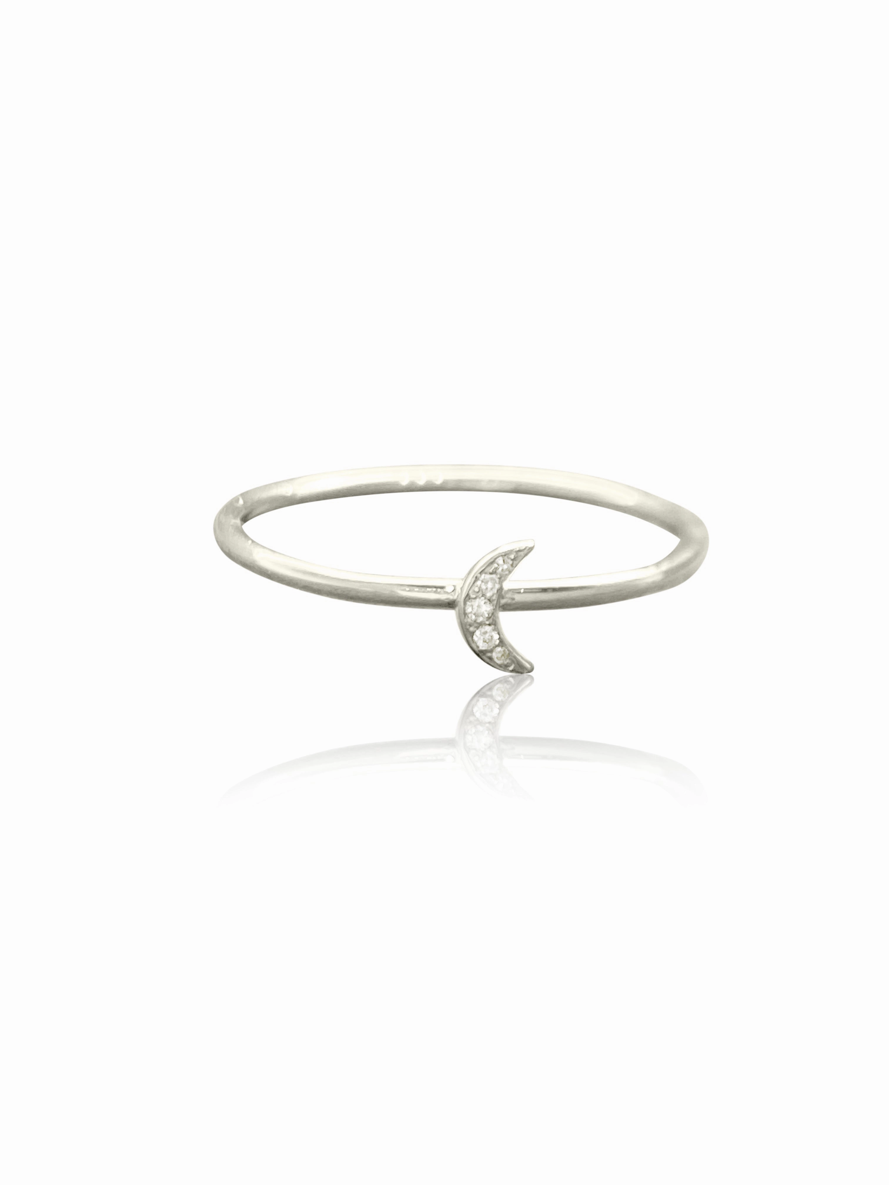 14K Gold Pave Diamonds Mini Moon Stackable Ring