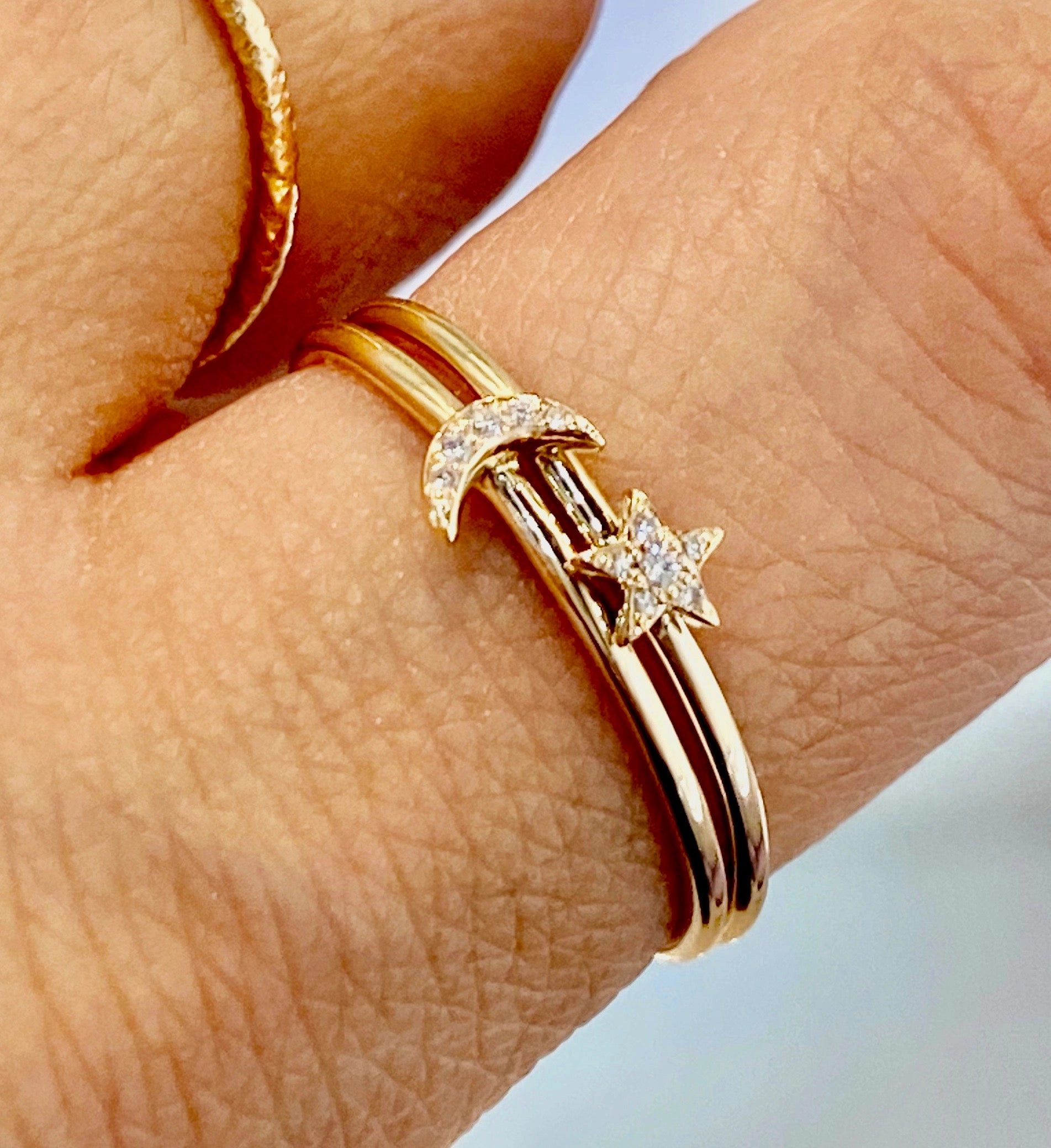14K Gold Pave Diamonds Mini Moon Stackable Ring