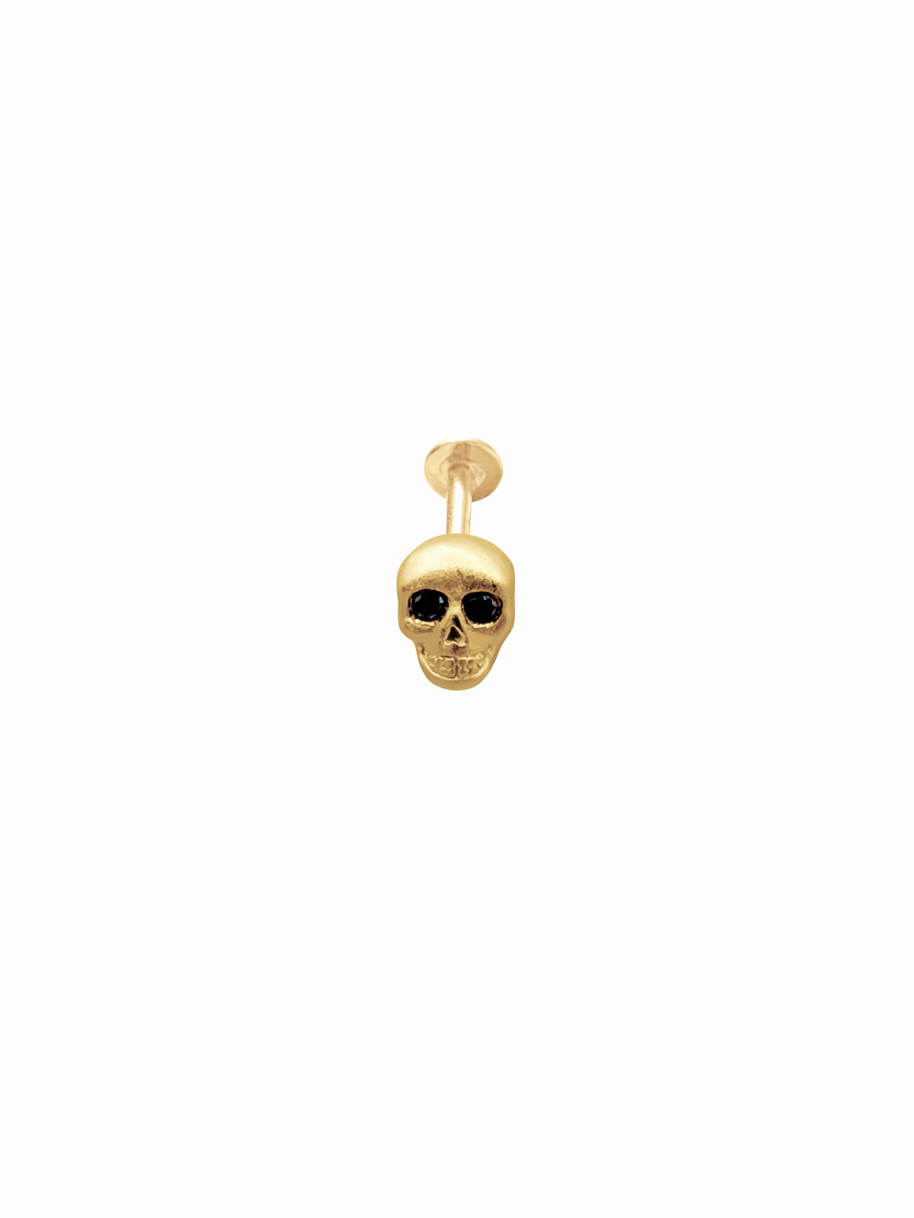 14K Gold Push Flat Back Black Dimond Scull Earring