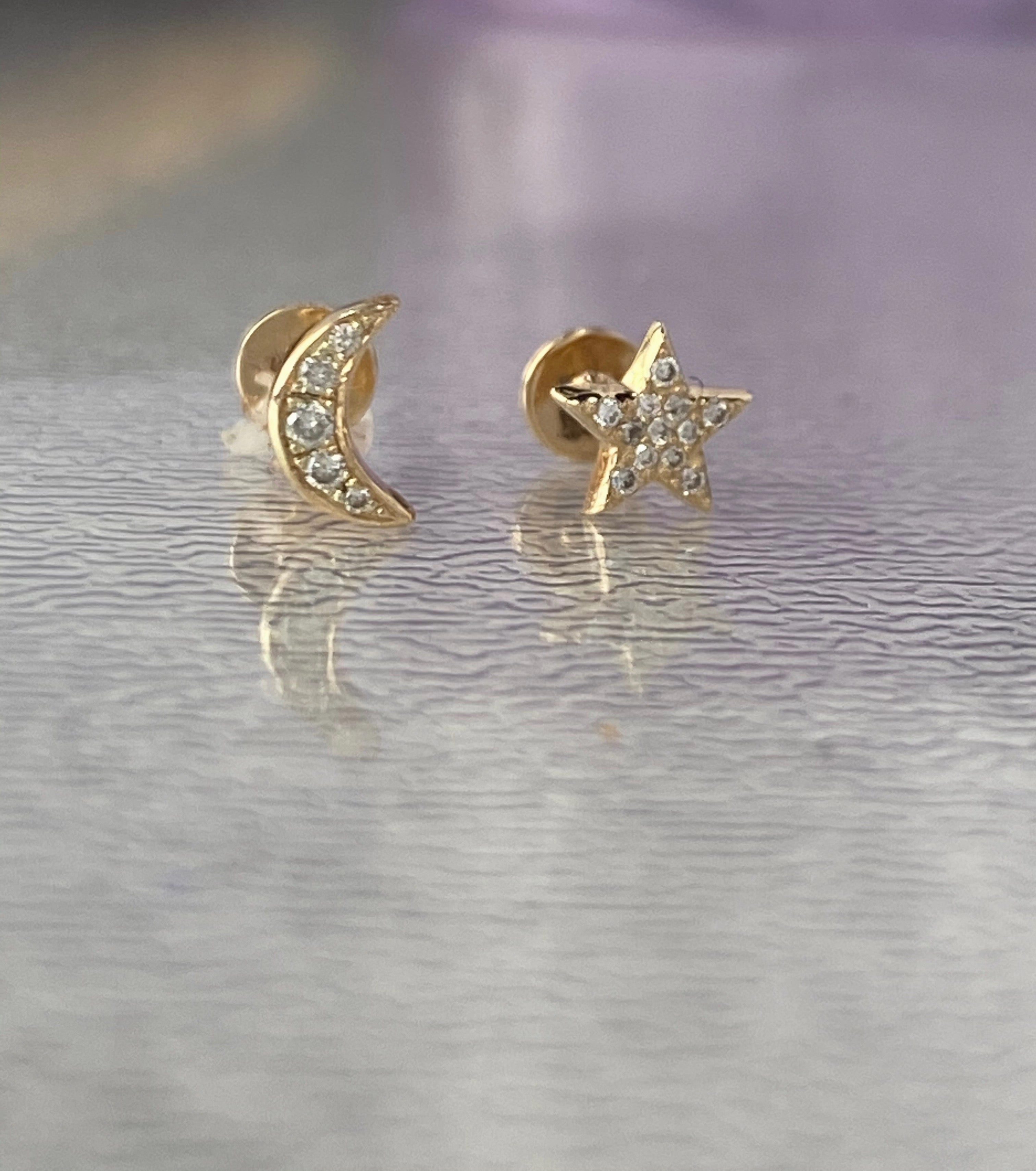 14K Gold Push Flat Back Diamond Moon/Star Earring