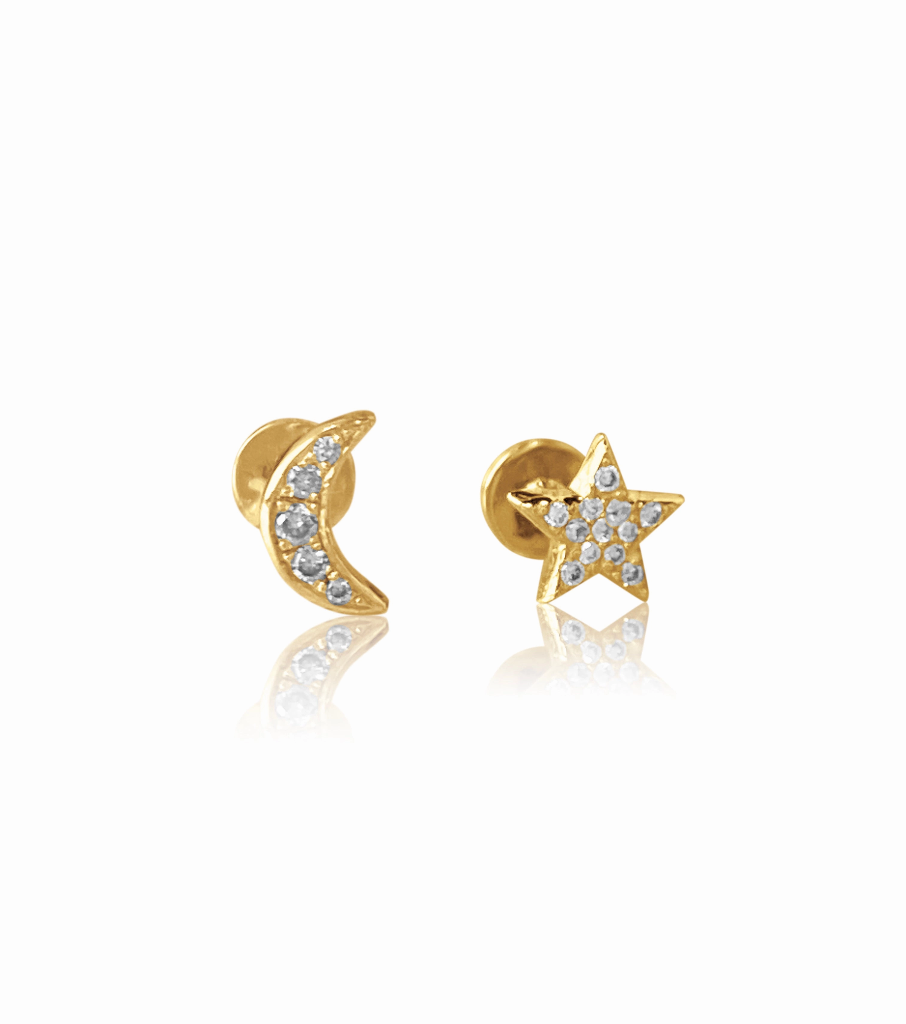 14K Gold Push Flat Back Diamond Moon/Star Earring
