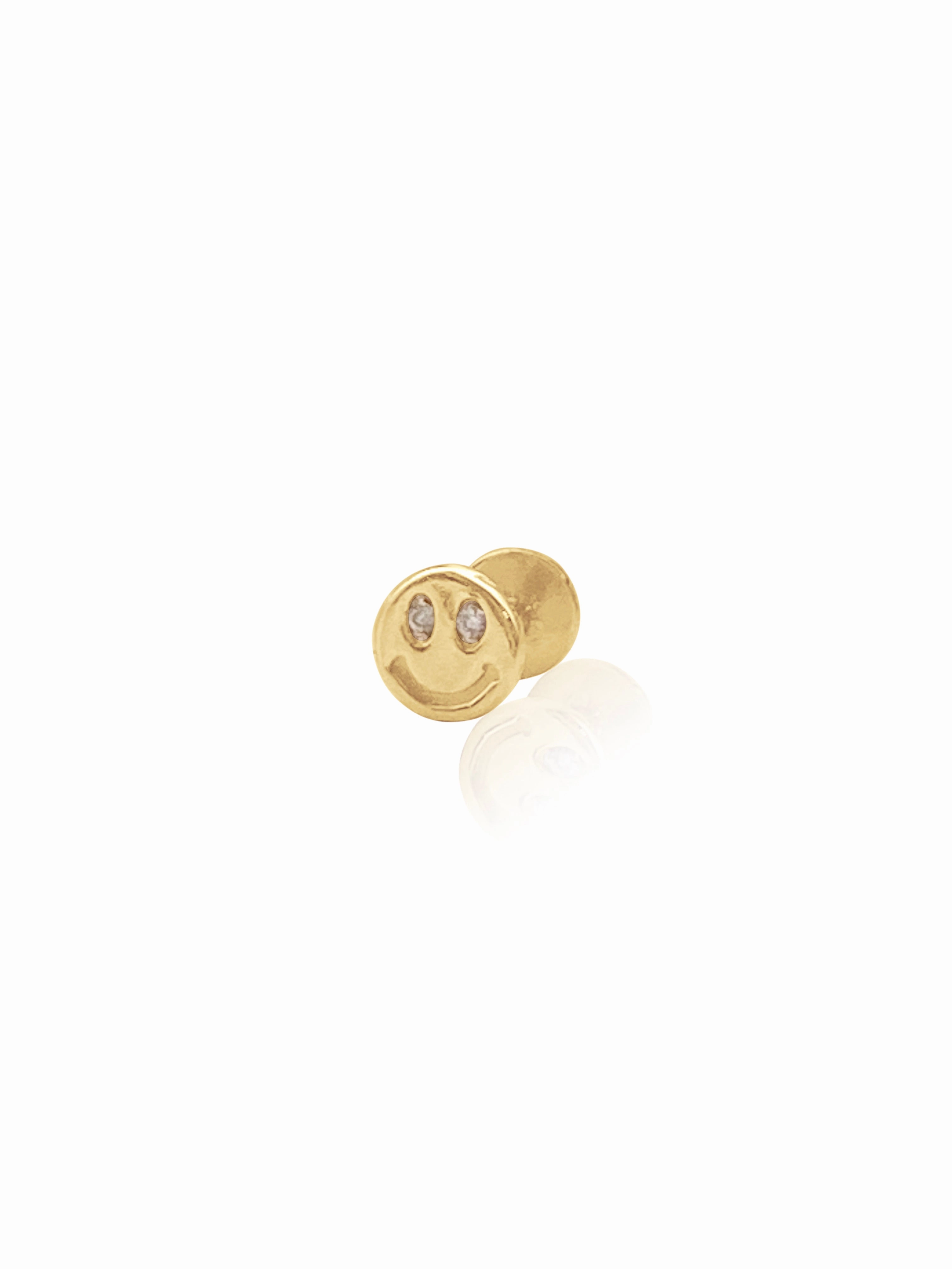 14K Gold Push Flat Back Diamond Smiley Face Earring