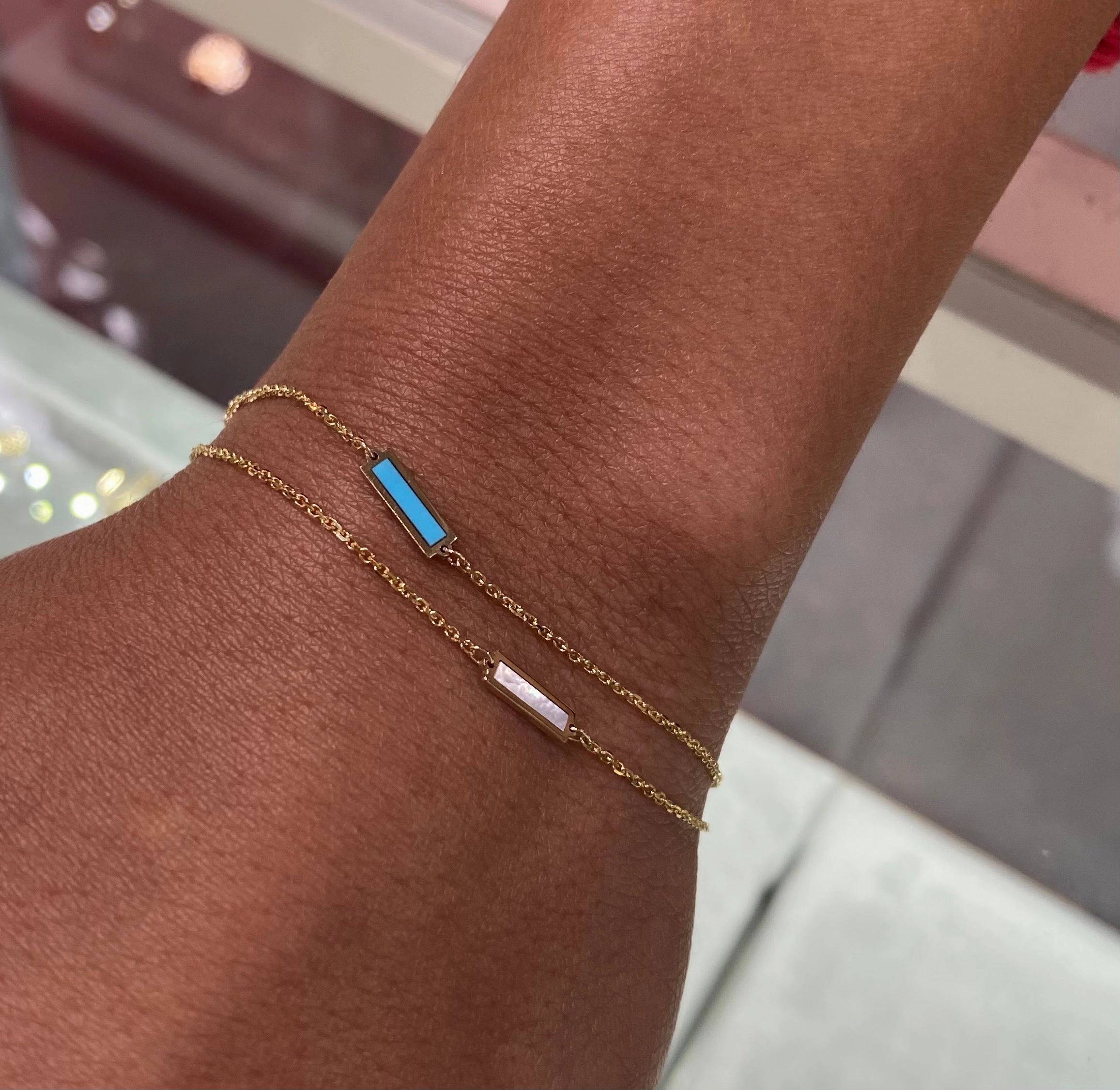 14K Gold Turquoise/Mother Of Pearl Bar Bracelet
