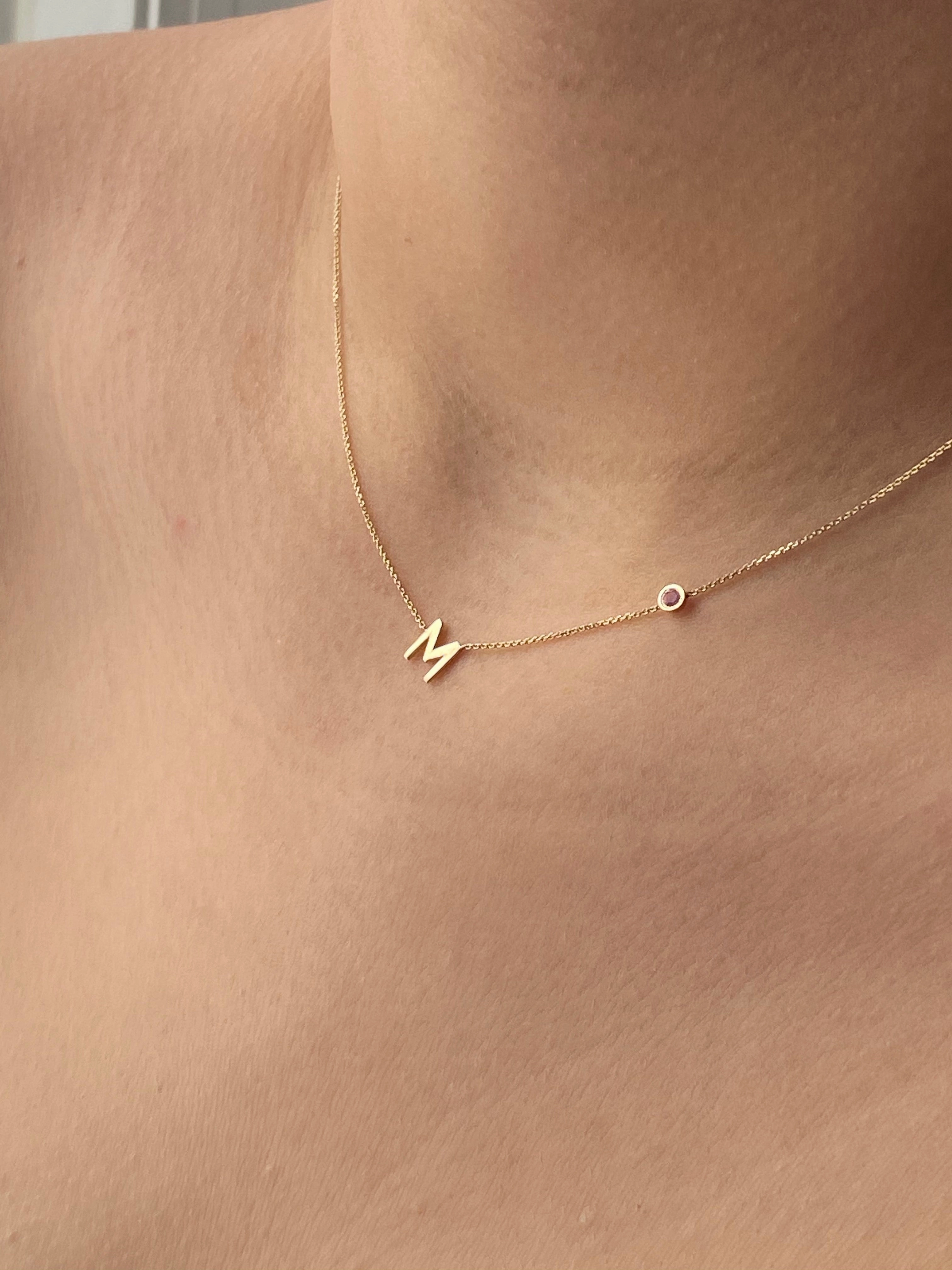 14KT Gold Initial & Birthstone Necklace