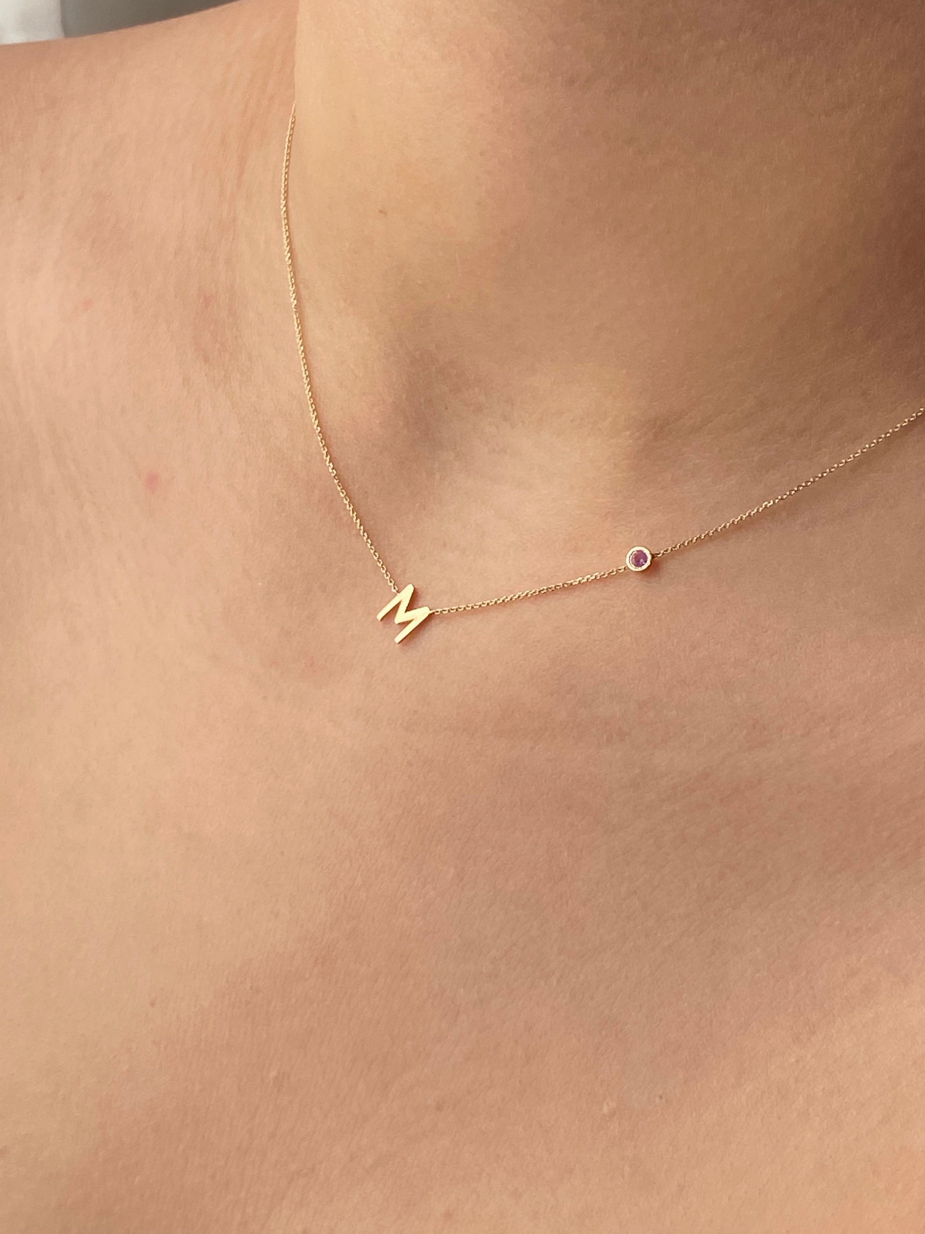 14KT Gold Initial & Birthstone Necklace