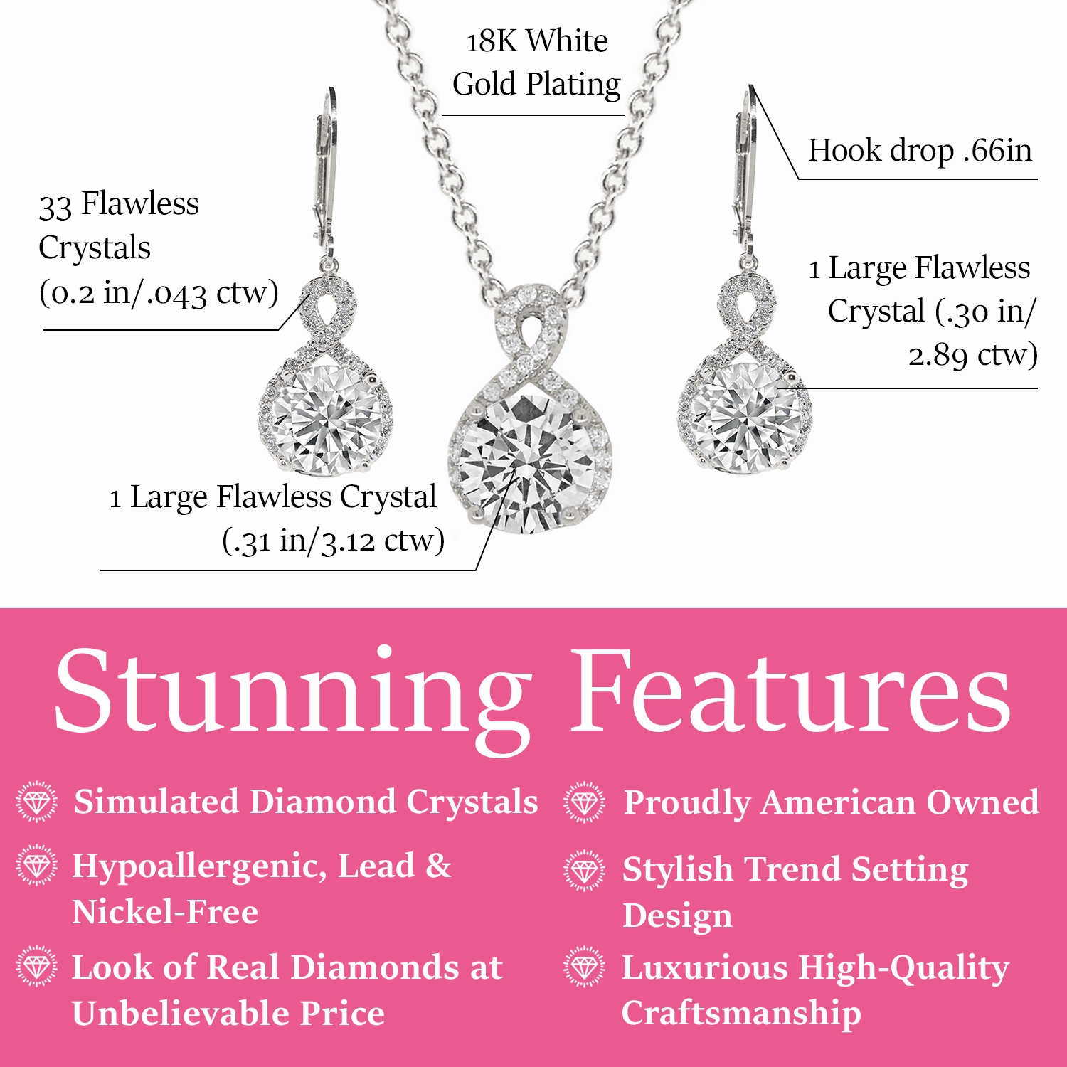 Alessandra 18k White Gold Plated Infinity Earrings and Necklace Jewelry Set with Simulated Diamond Crystals