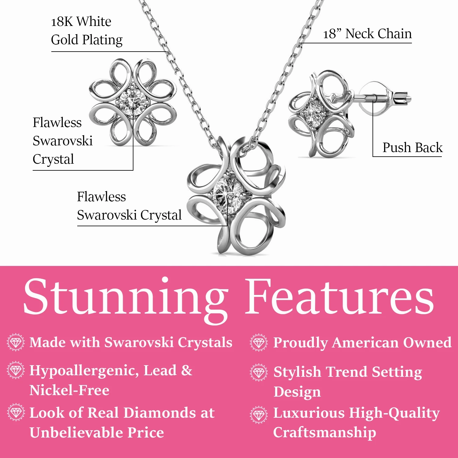 Alexis 18k White Gold Plated Flower Earring and Necklace Set with Swarovski Crystals