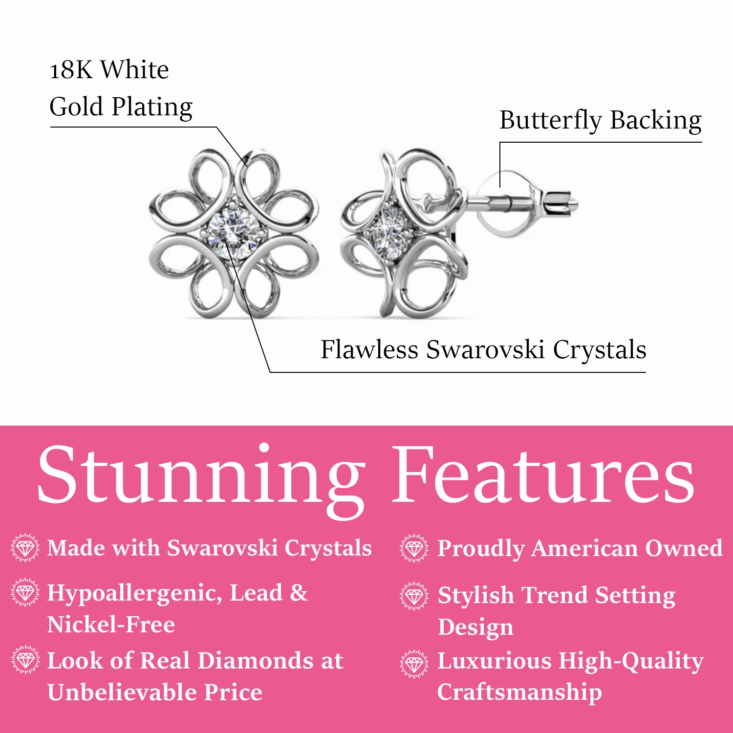 Alexis 18k White Gold Plated Flower Stud Earrings with Swarovski Crystals