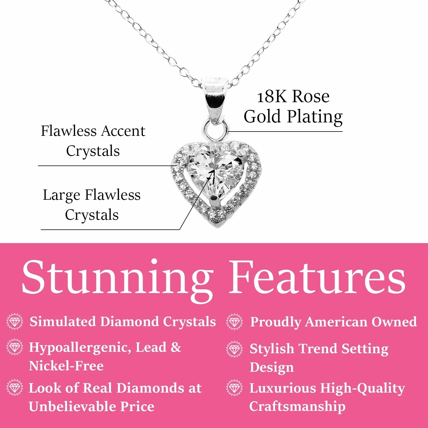 Amora 18k White Gold Plated Halo Heart Pendant Necklace with Simulated Diamond Crystals