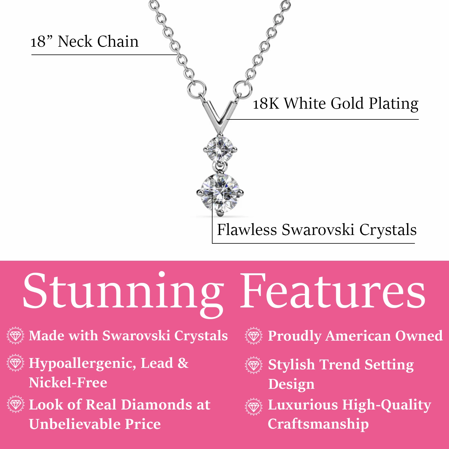 Andy 18k White Gold Plated 2-Stone Pendant Necklace with Swarovski Crystals