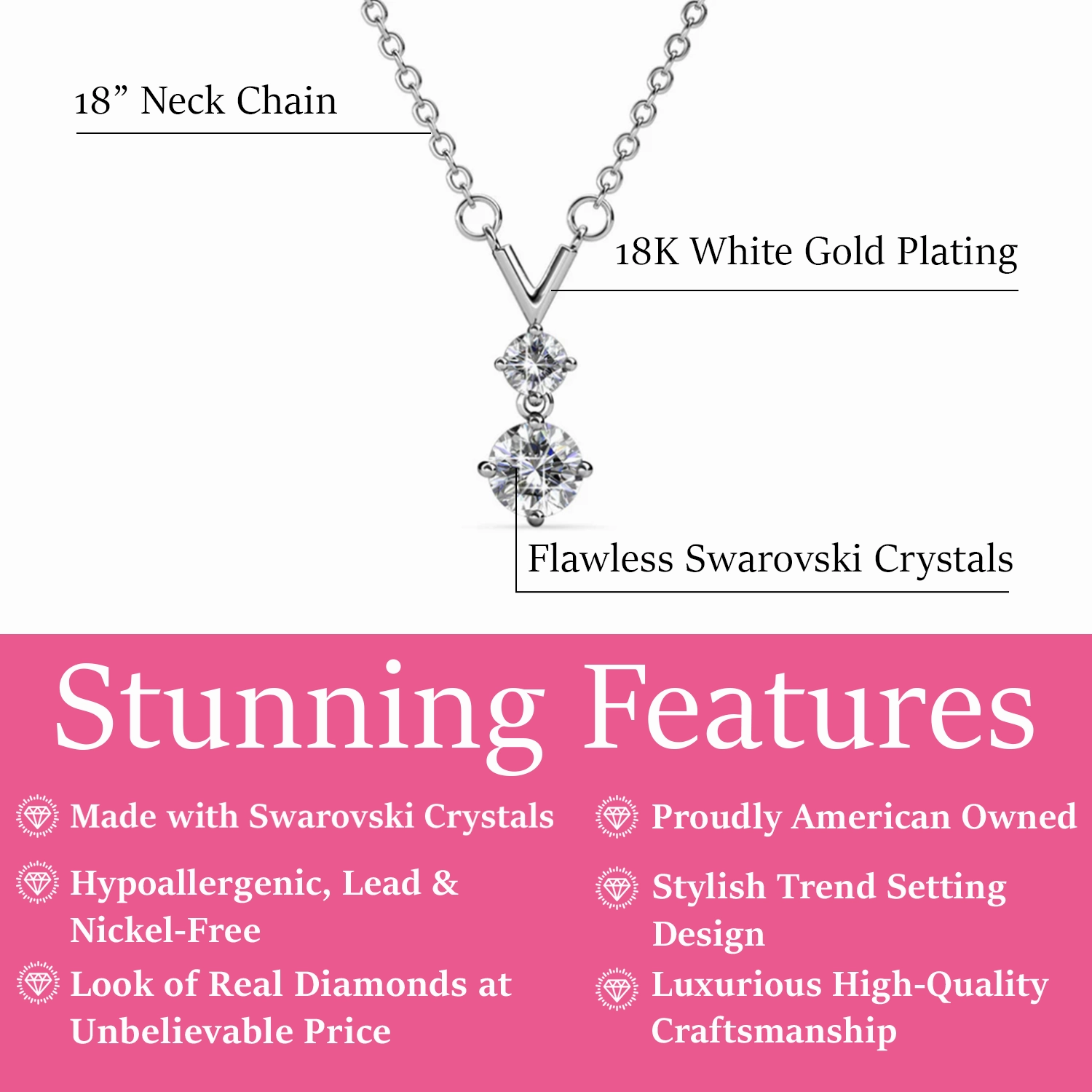 Andy 18k White Gold Plated 2-Stone Pendant Necklace with Swarovski Crystals
