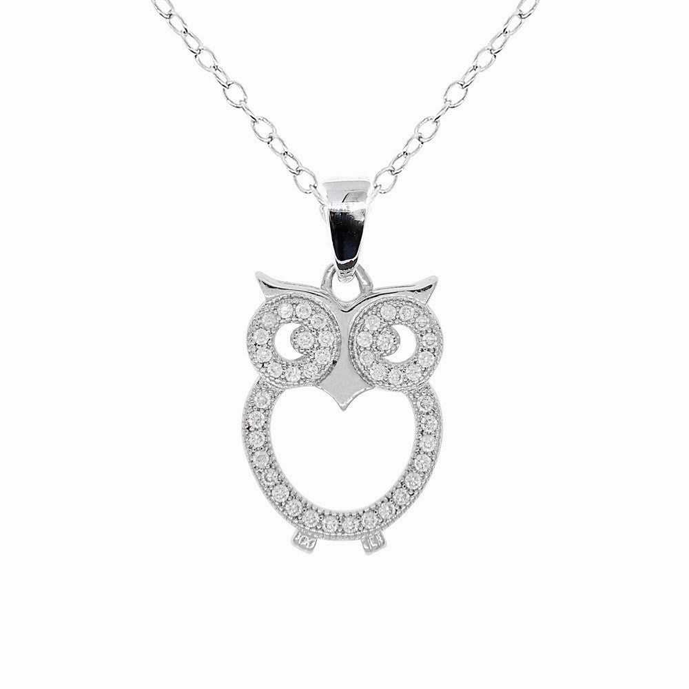 Ari 18k White Gold Plated Owl Pendant Necklace with Simulated Diamond Crystals