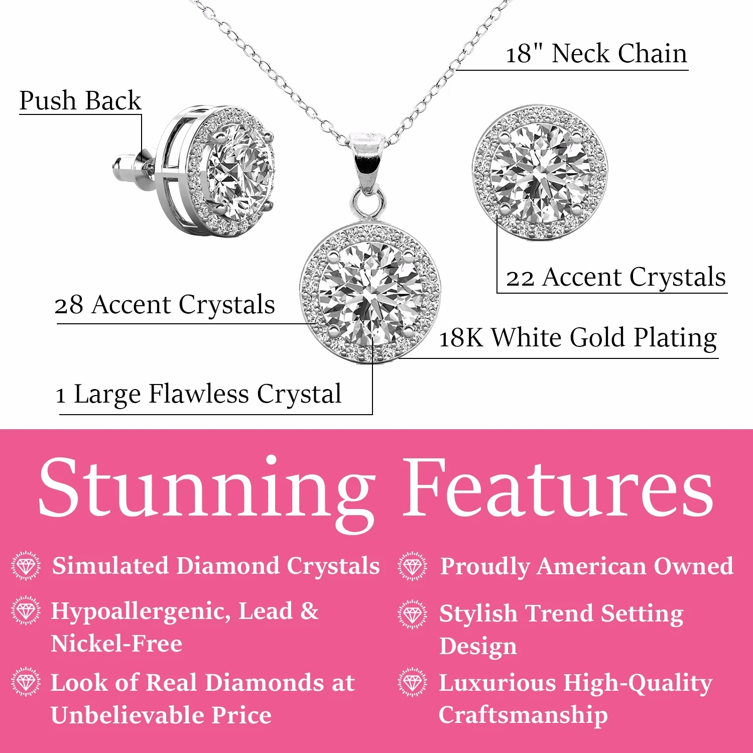 Ariel 18k White Gold Plated Halo Stud Earrings and Necklace Jewelry Set with Simulated Diamond Crystals
