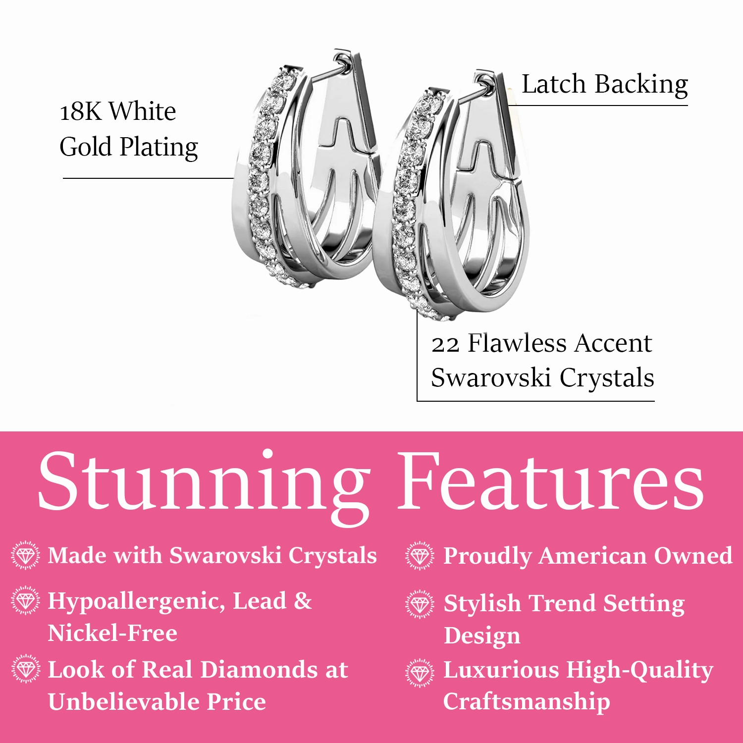 Bella 18k White Gold Plated 17mm Hoop Earrings with Swarovski Crystals