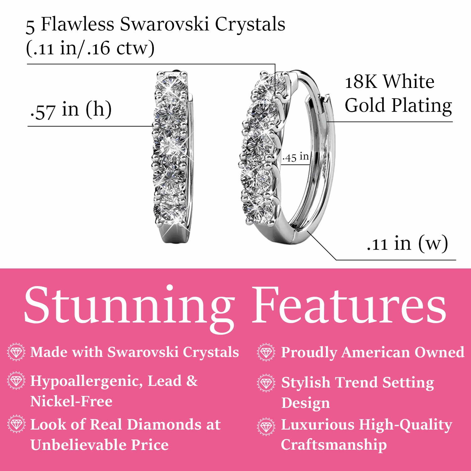 Bethany 18k White Gold Plated 15mm Hoop Crystal Earrings with Swarovski Crystals