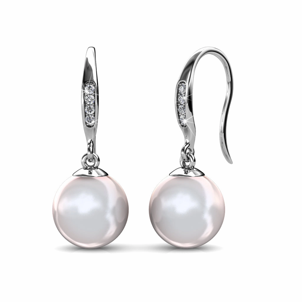 Betty 18k White Gold Plated Freshwater Pearl Drop Dangle Earrings with Swarovski Crystals