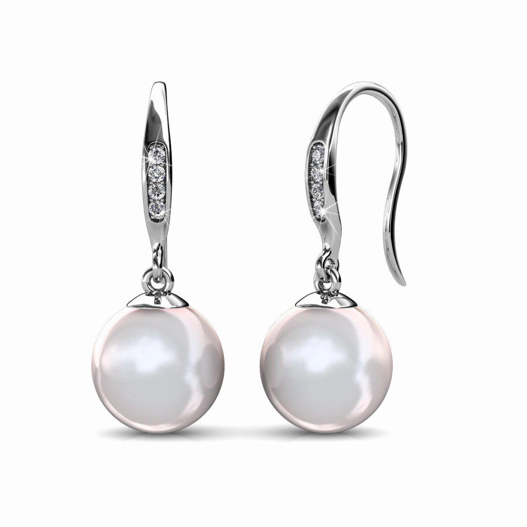 Betty 18k White Gold Plated Freshwater Pearl Drop Dangle Earrings with Swarovski Crystals