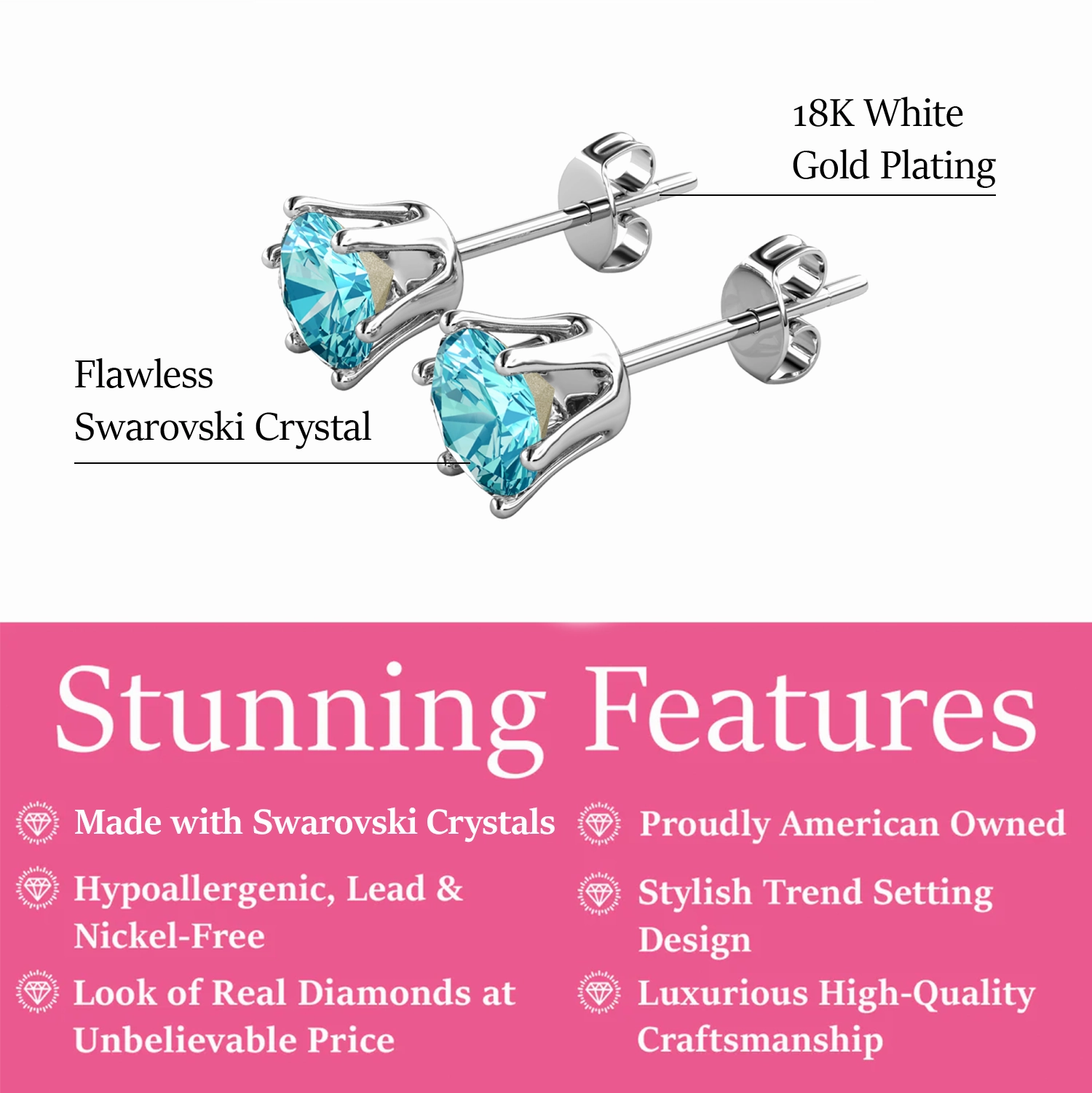 Birthstone Earrings 18k White Gold Plated Stud Earrings with 1CT Solitaire Swarovski Crystals