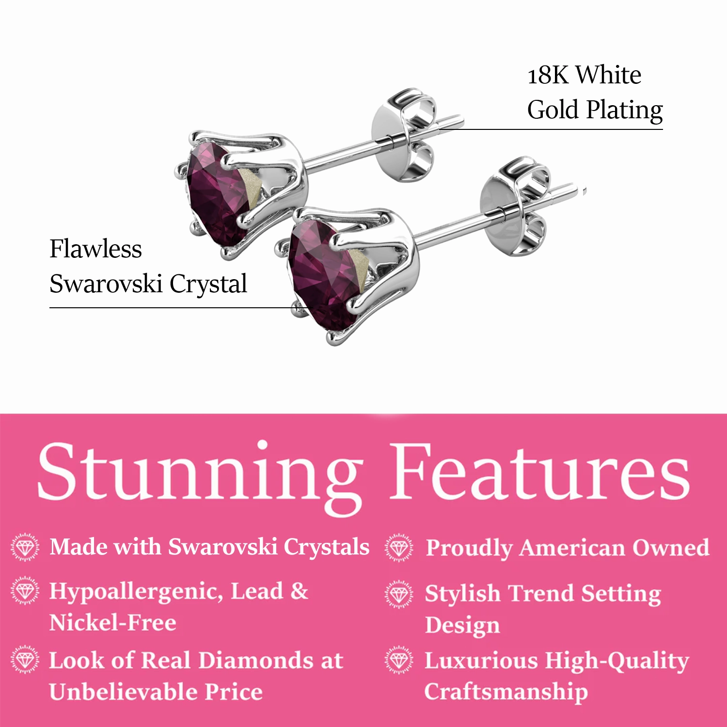 Birthstone Earrings 18k White Gold Plated Stud Earrings with 1CT Solitaire Swarovski Crystals