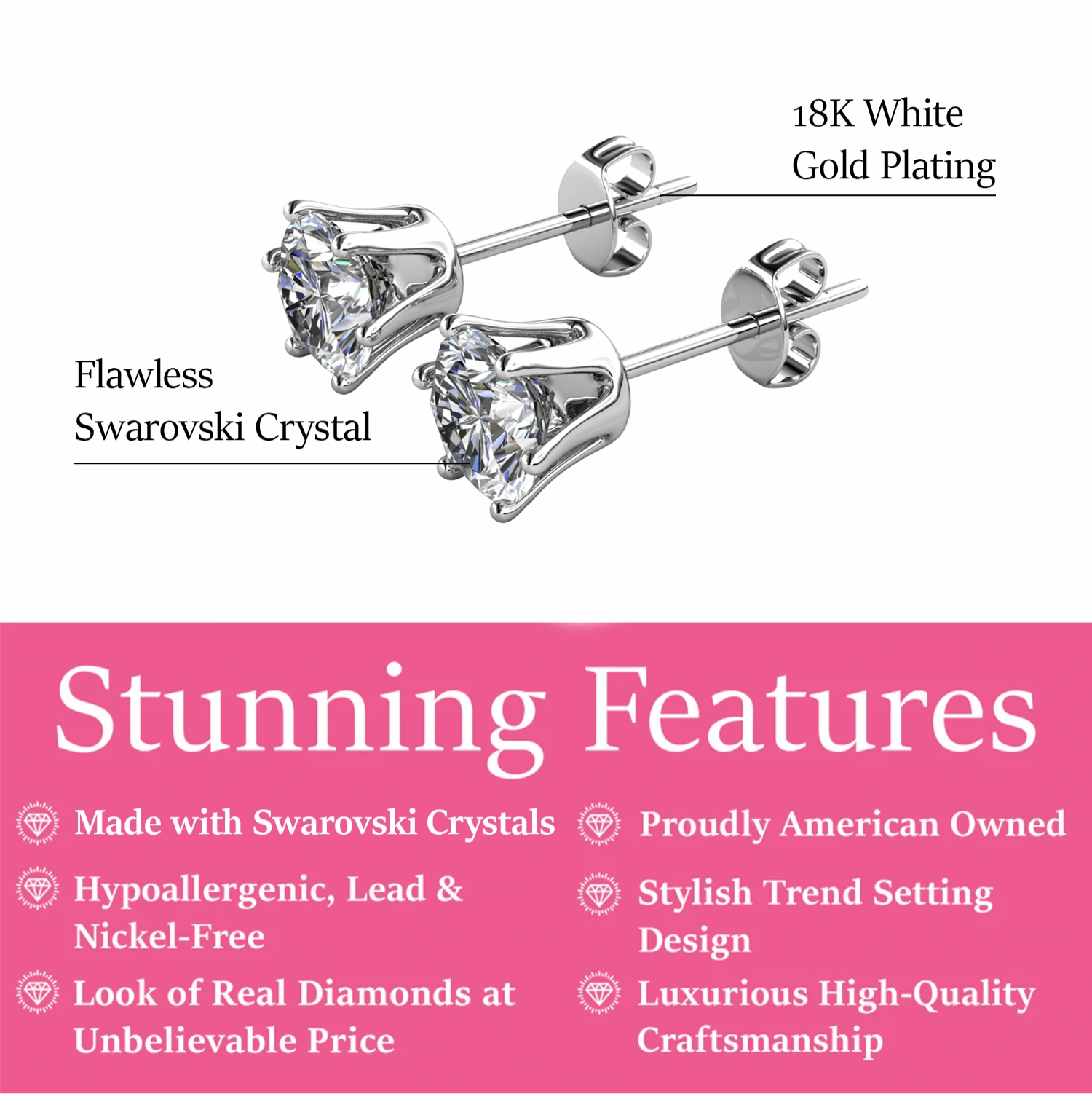 Birthstone Earrings 18k White Gold Plated Stud Earrings with 1CT Solitaire Swarovski Crystals