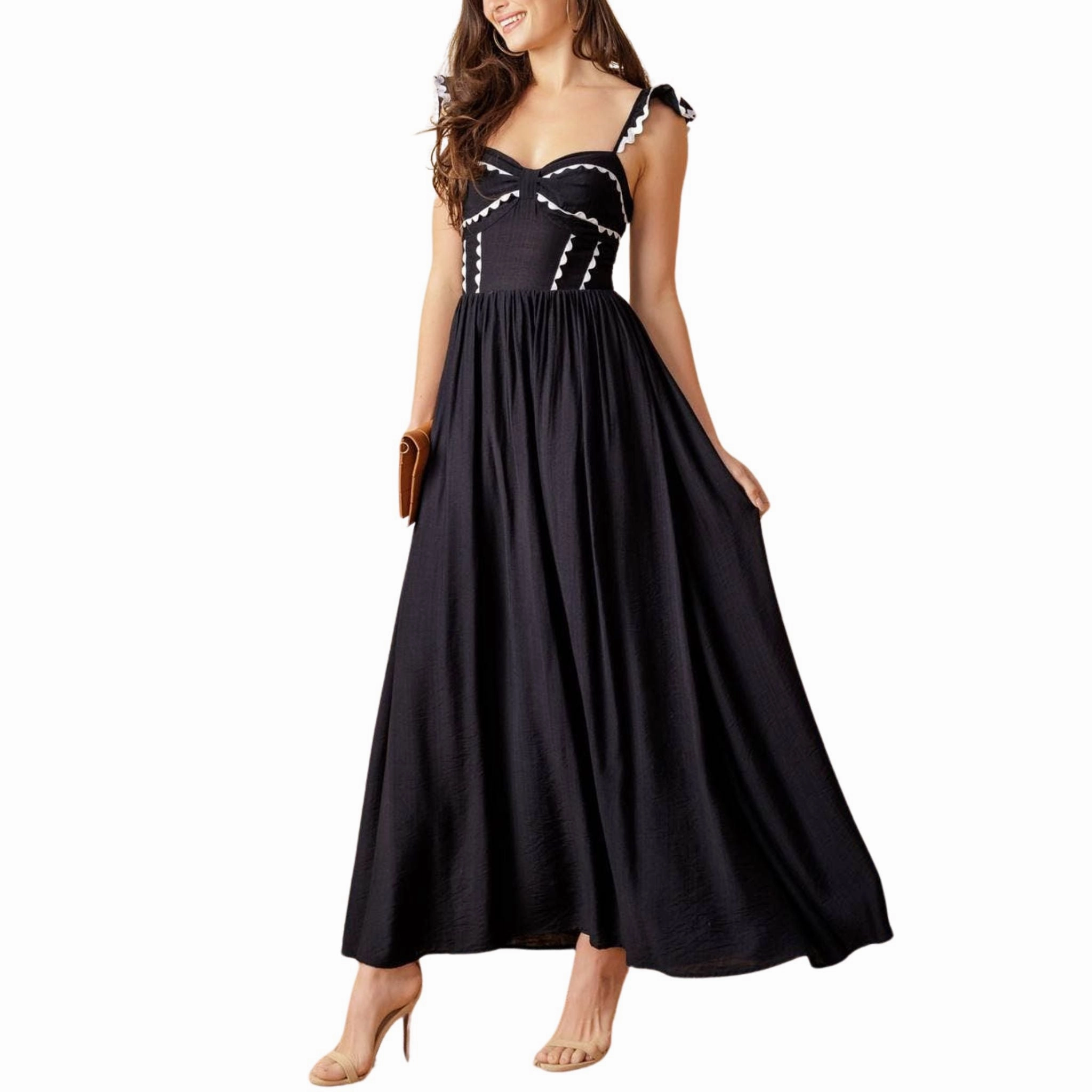 Black Solid Woven Midi Dress