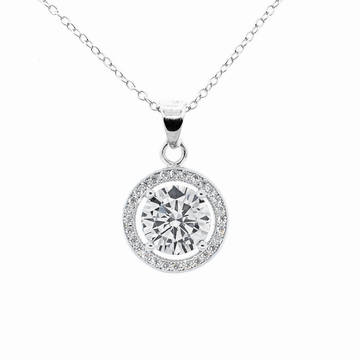 Blake 18k White Gold Plated Halo Pendant Necklace with Simulated Diamond Crystals