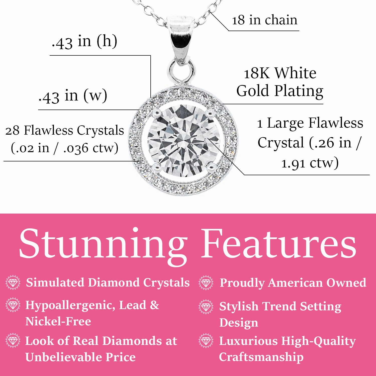 Blake 18k White Gold Plated Halo Pendant Necklace with Simulated Diamond Crystals