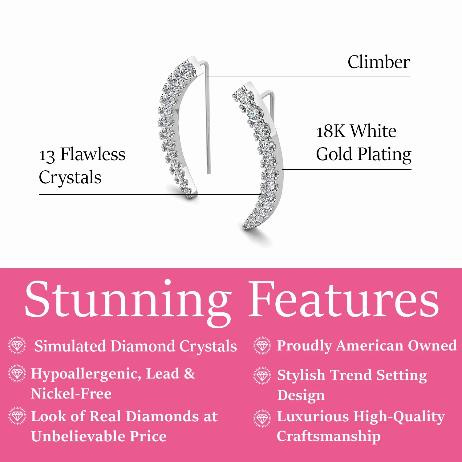 Camila 18k White Gold Plated Ear Climber Earrings with Simulated Diamond Crystals