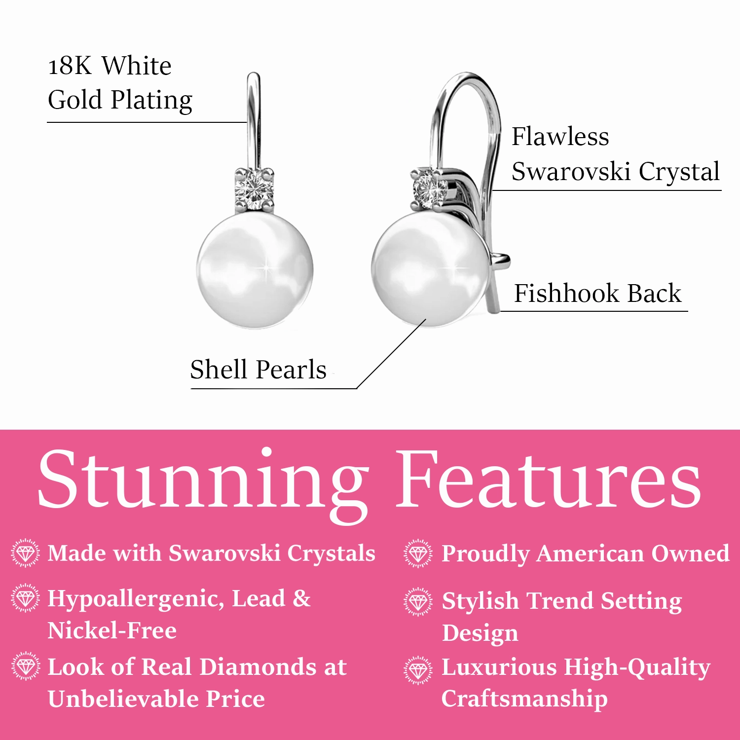 Cassie 18k White Gold Plated Pearl Drop Earrings with Swarovski Crystals