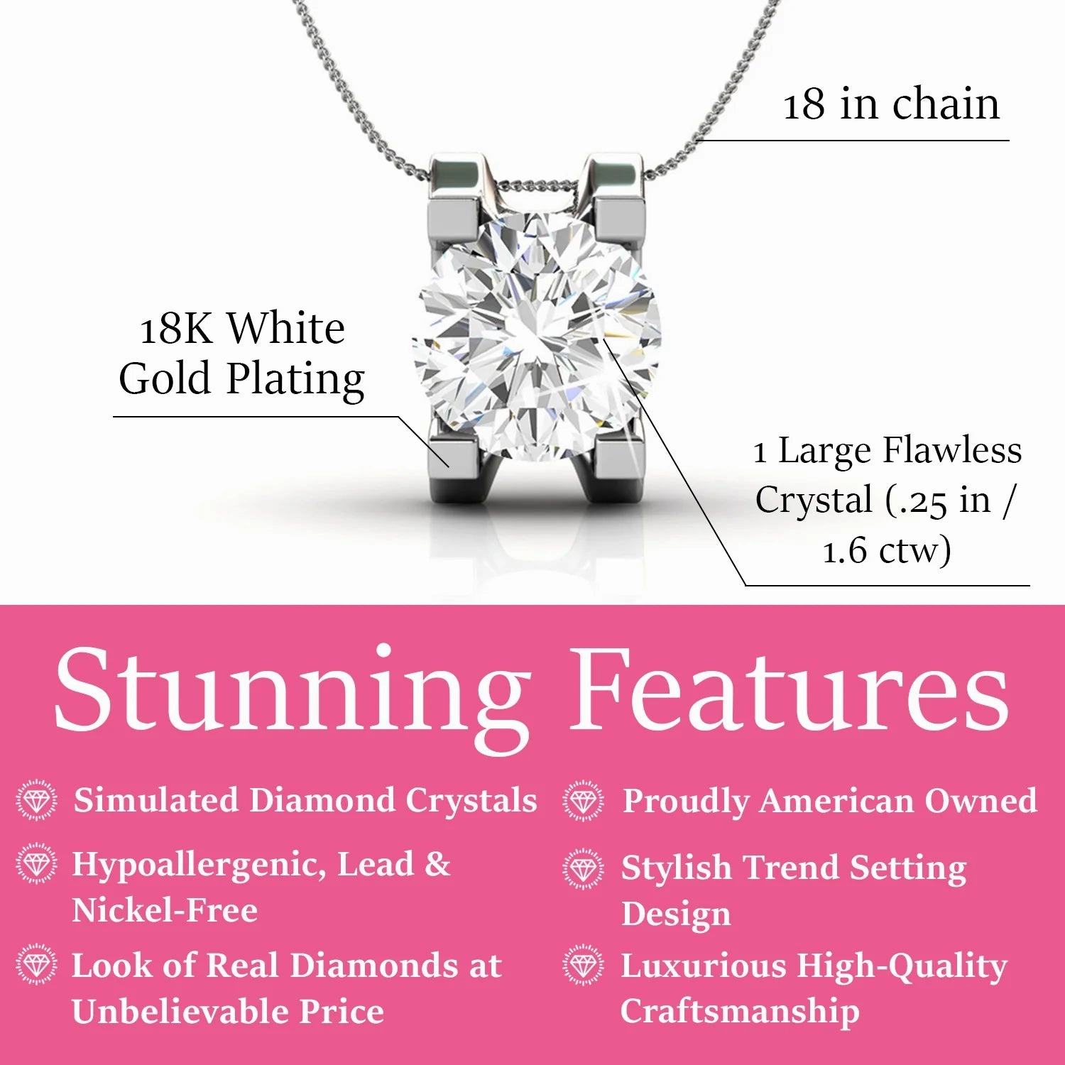 Clara 18k White Gold Plated Pendant Necklace with Solitaire Round Cut Swarovski Crystal