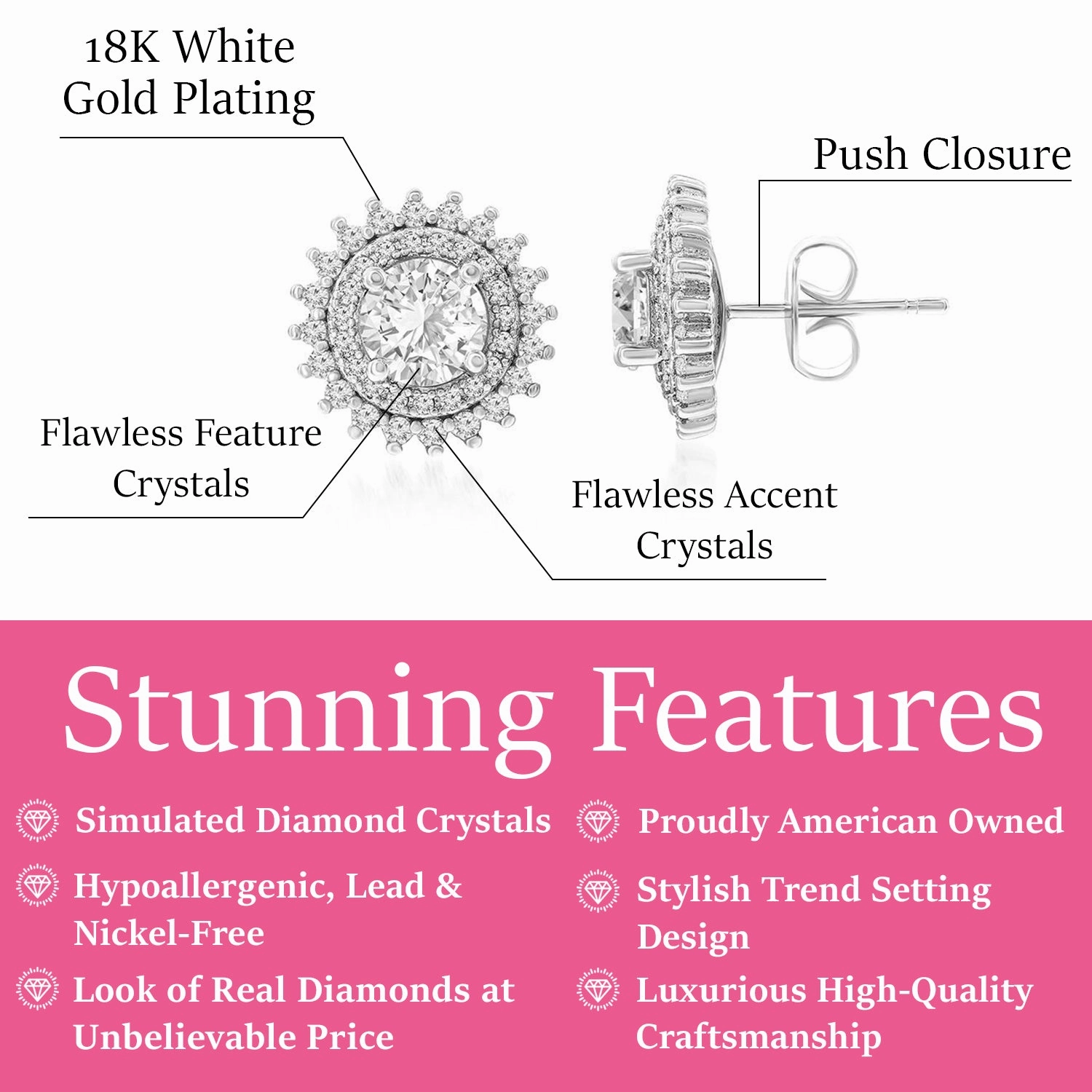 Cordelia 18k White Gold Plated Stud Earrings with Round Cut Simulated Diamond Crystals