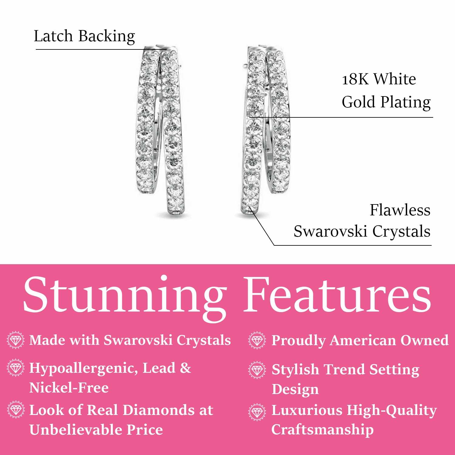 Corina 18k White Gold Plated 20mm Hoop Earrings with Swarovski Crystals